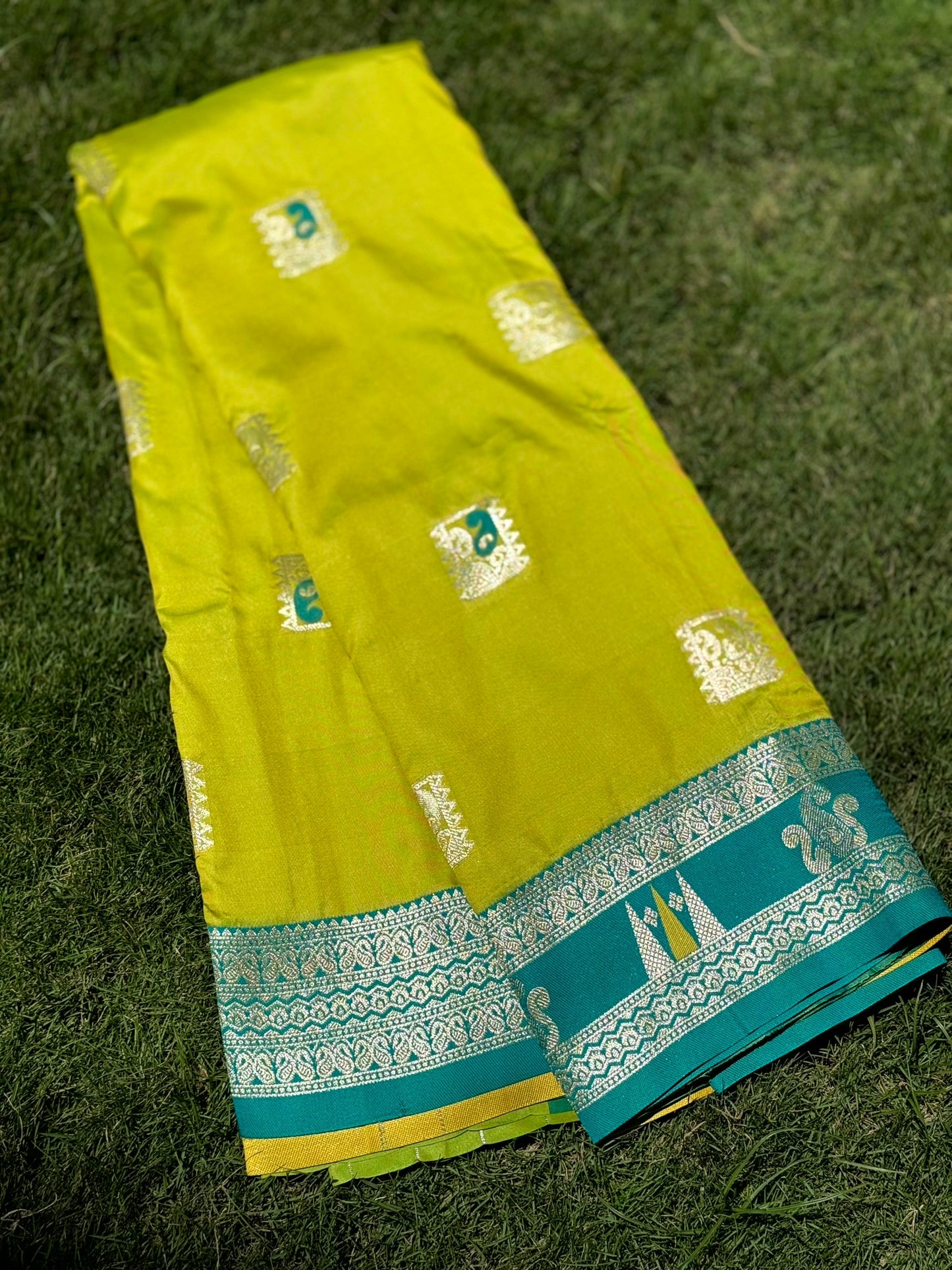Lime Green Soft Silk Kanjivaram Saree by My Store
