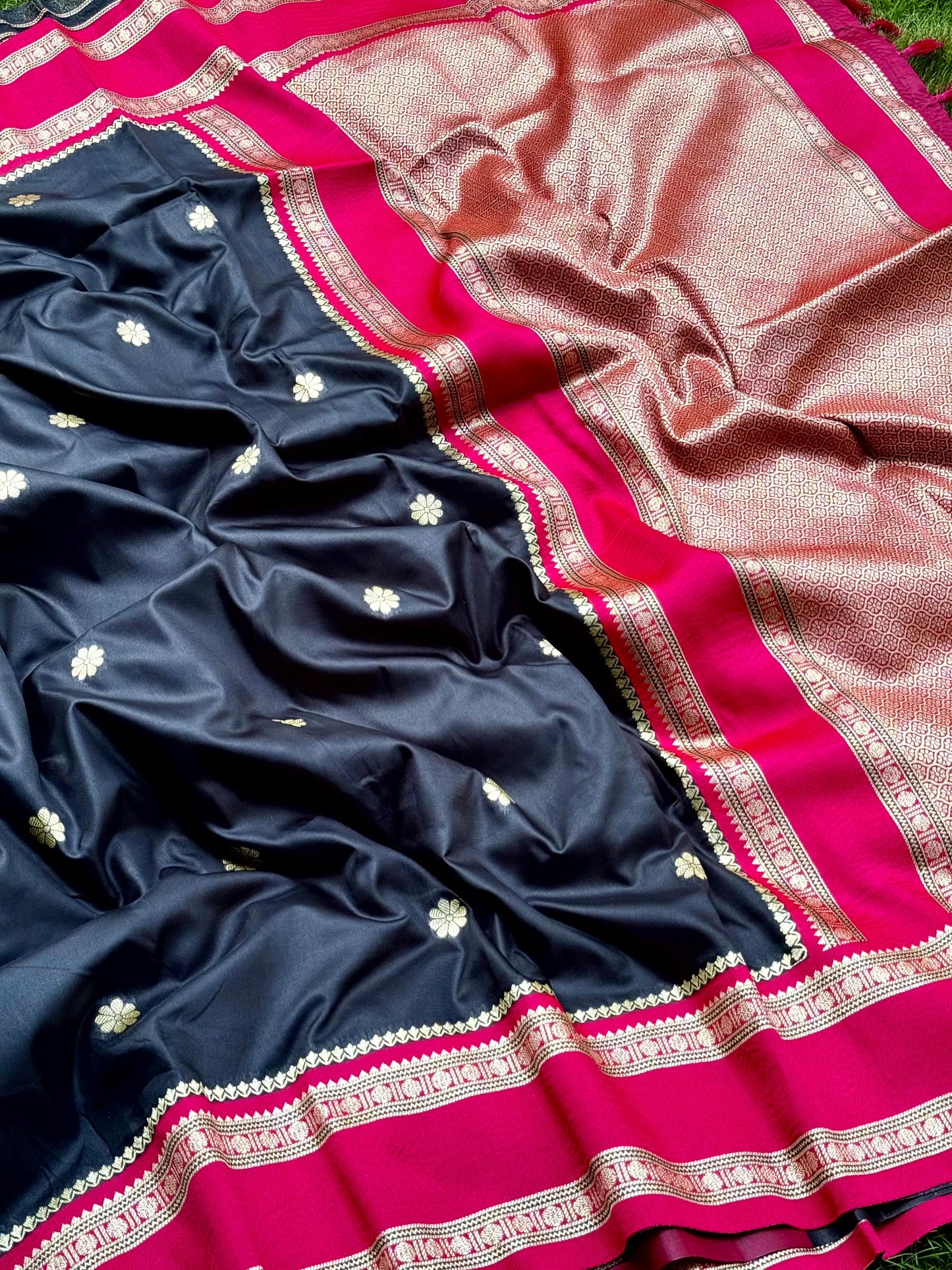 Raven Black Soft Silk Floral Butta Saree by My Store