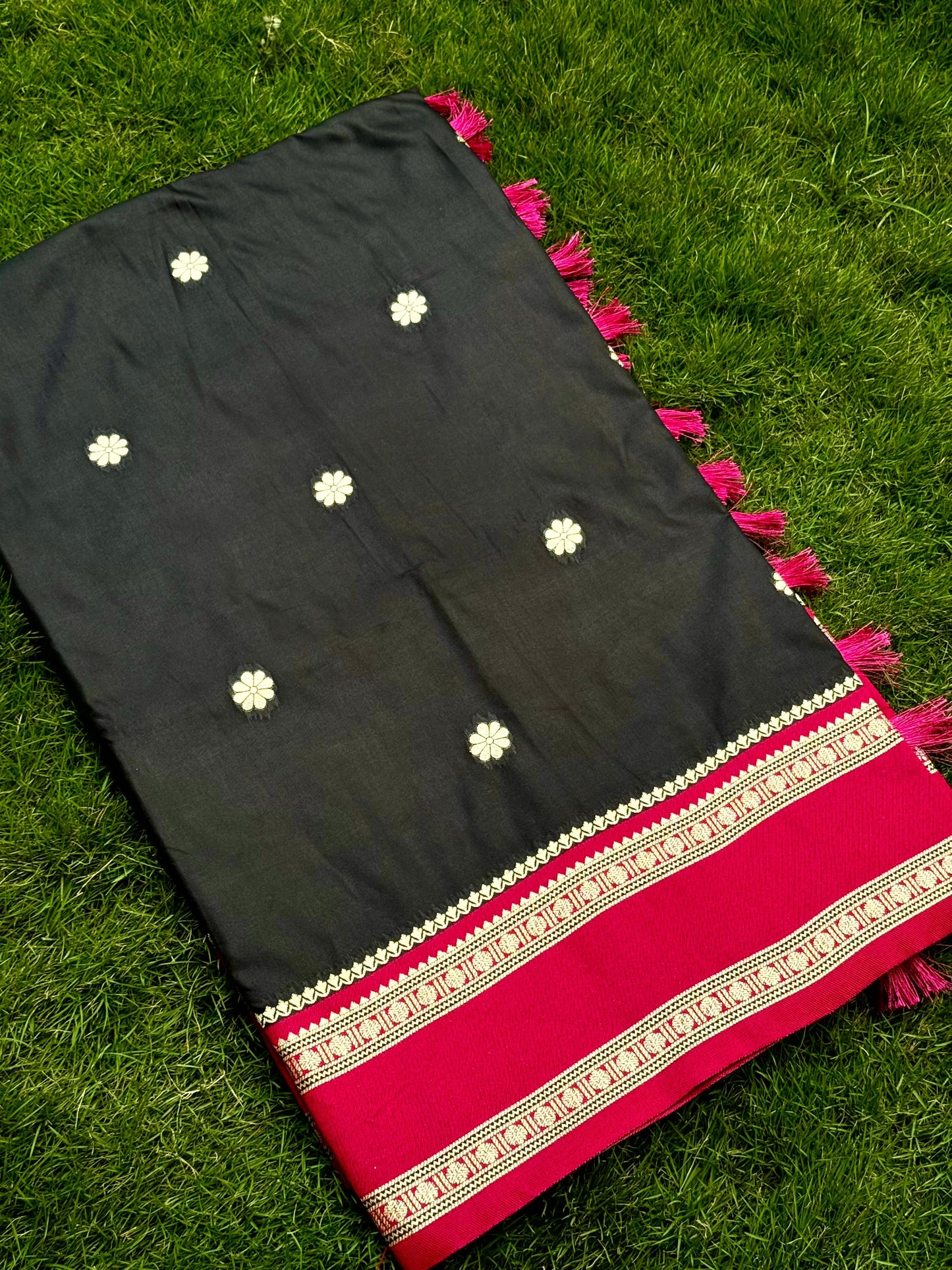 Raven Black Soft Silk Floral Butta Saree by My Store