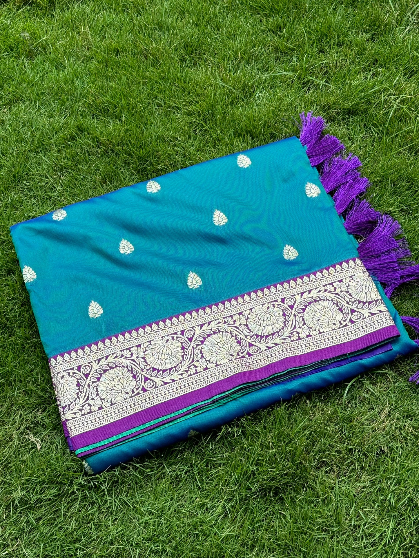 Teal Blue Soft Silk Feather Saree by My Store