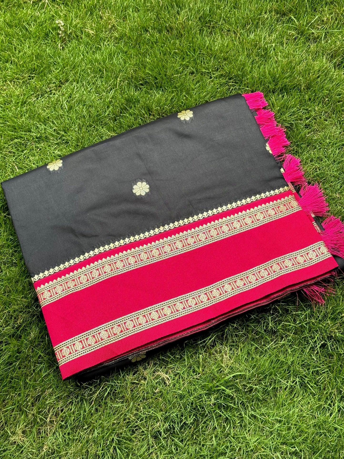 Raven Black Soft Silk Floral Butta Saree by My Store