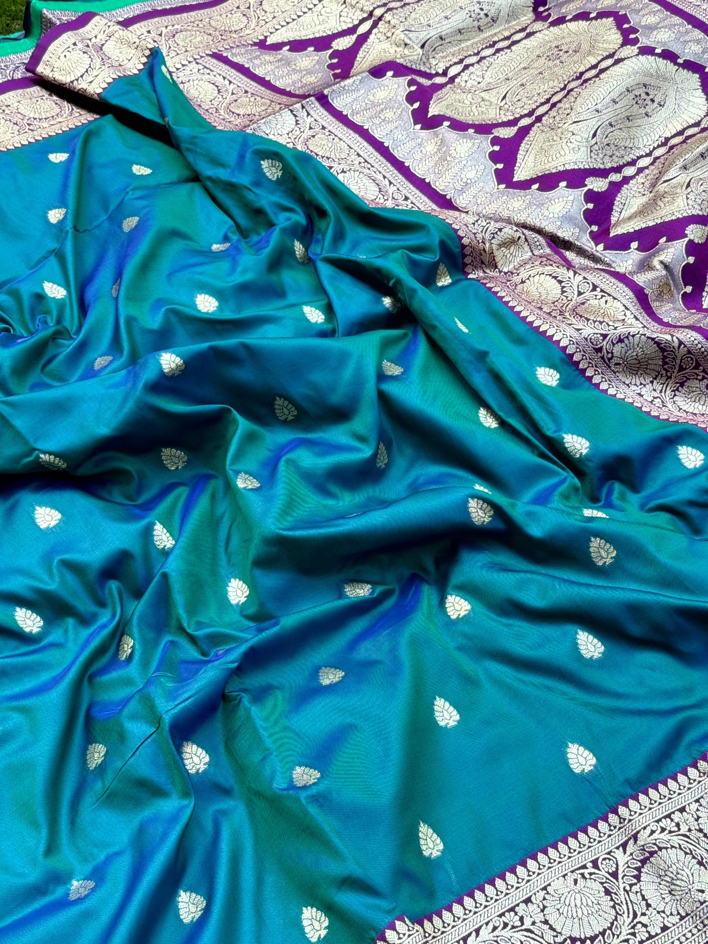 Teal Blue Soft Silk Feather Saree by My Store