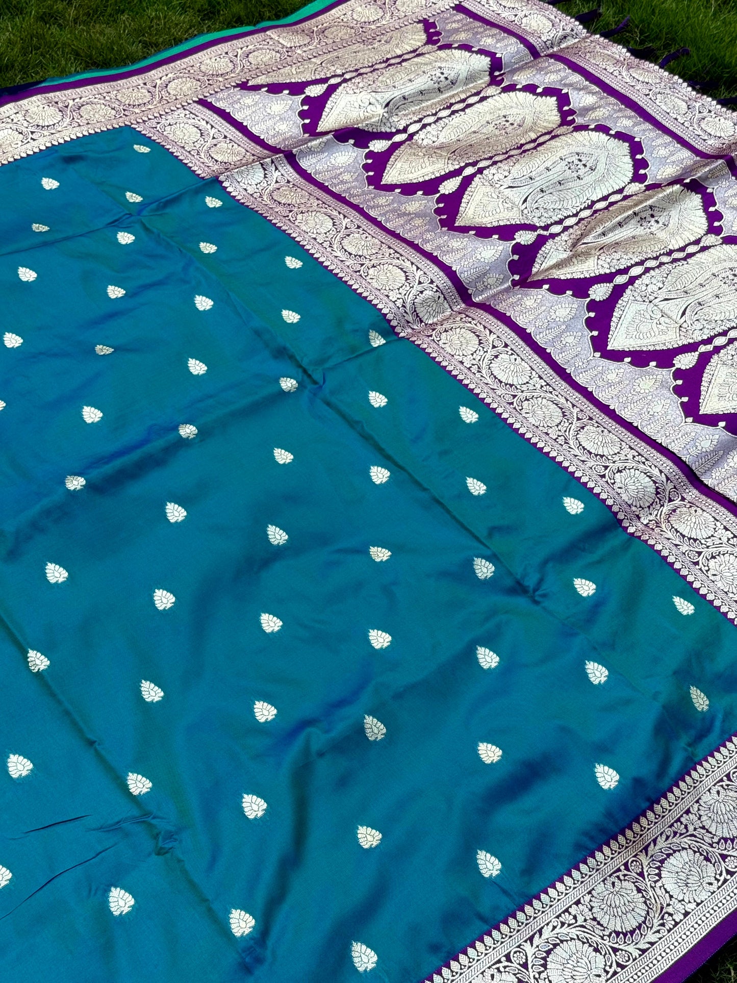 Teal Blue Soft Silk Feather Saree by My Store