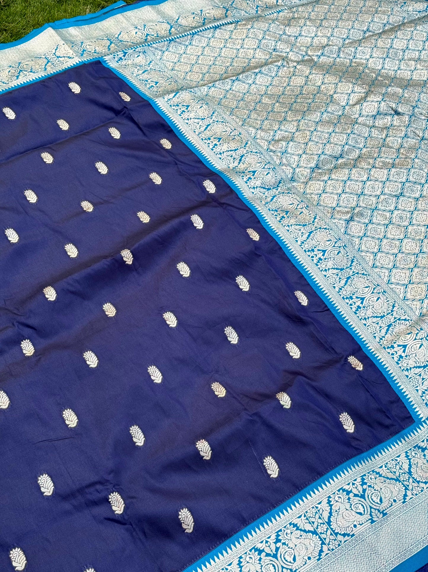 Navy Blue Soft Silk Minakari Work Saree by My Store