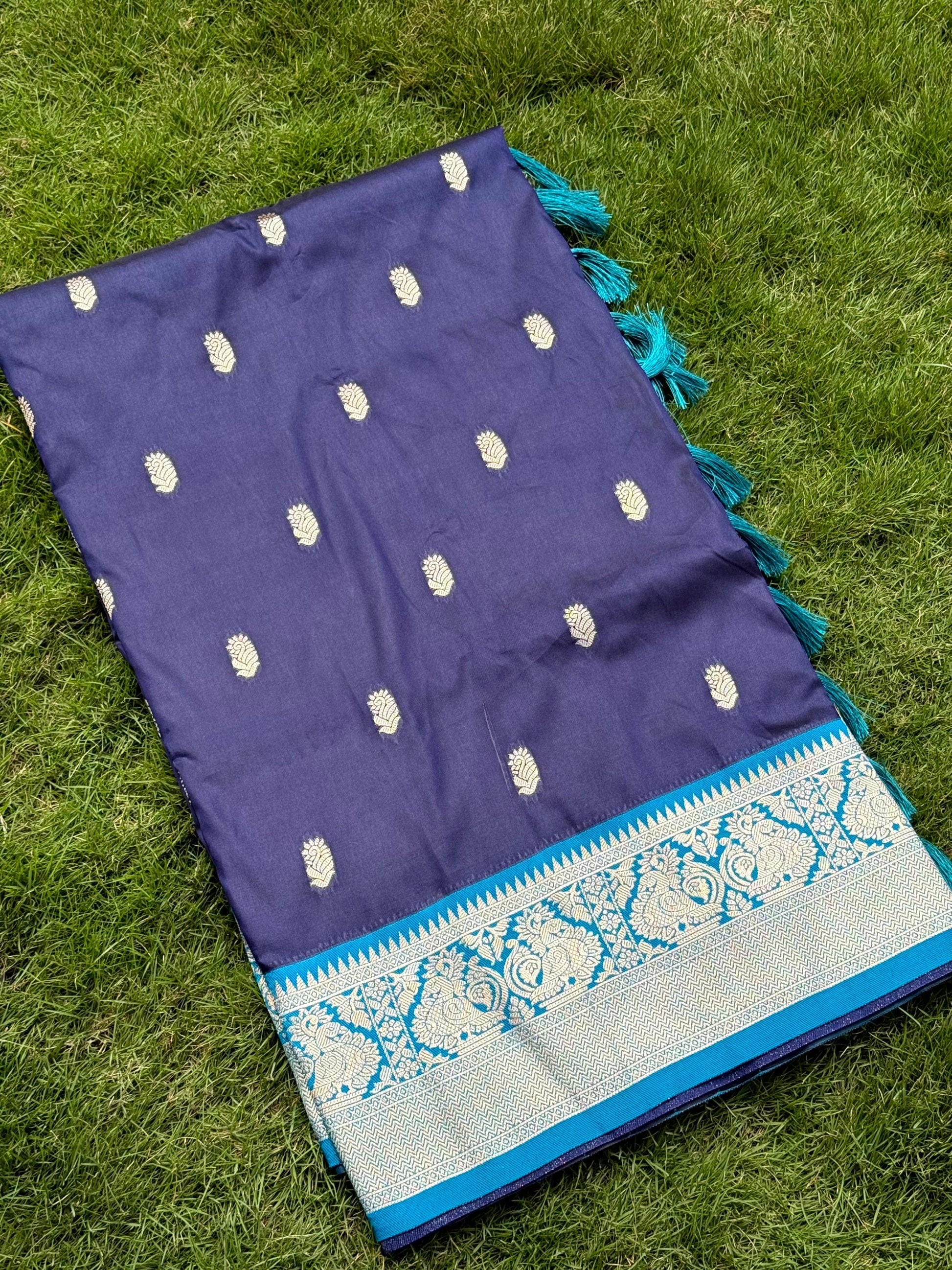 Navy Blue Soft Silk Minakari Work Saree by My Store