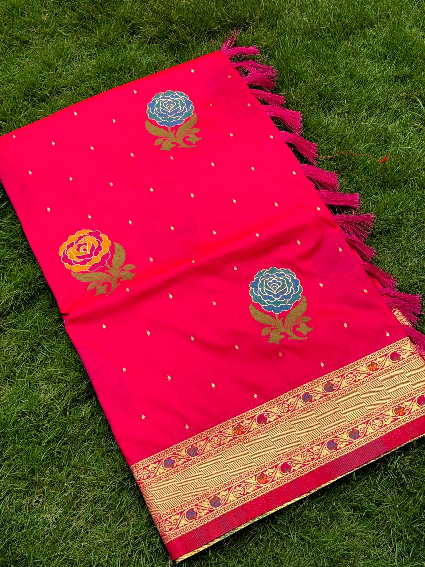 Pink Soft Silk Flowerport Minakari Saree by My Store