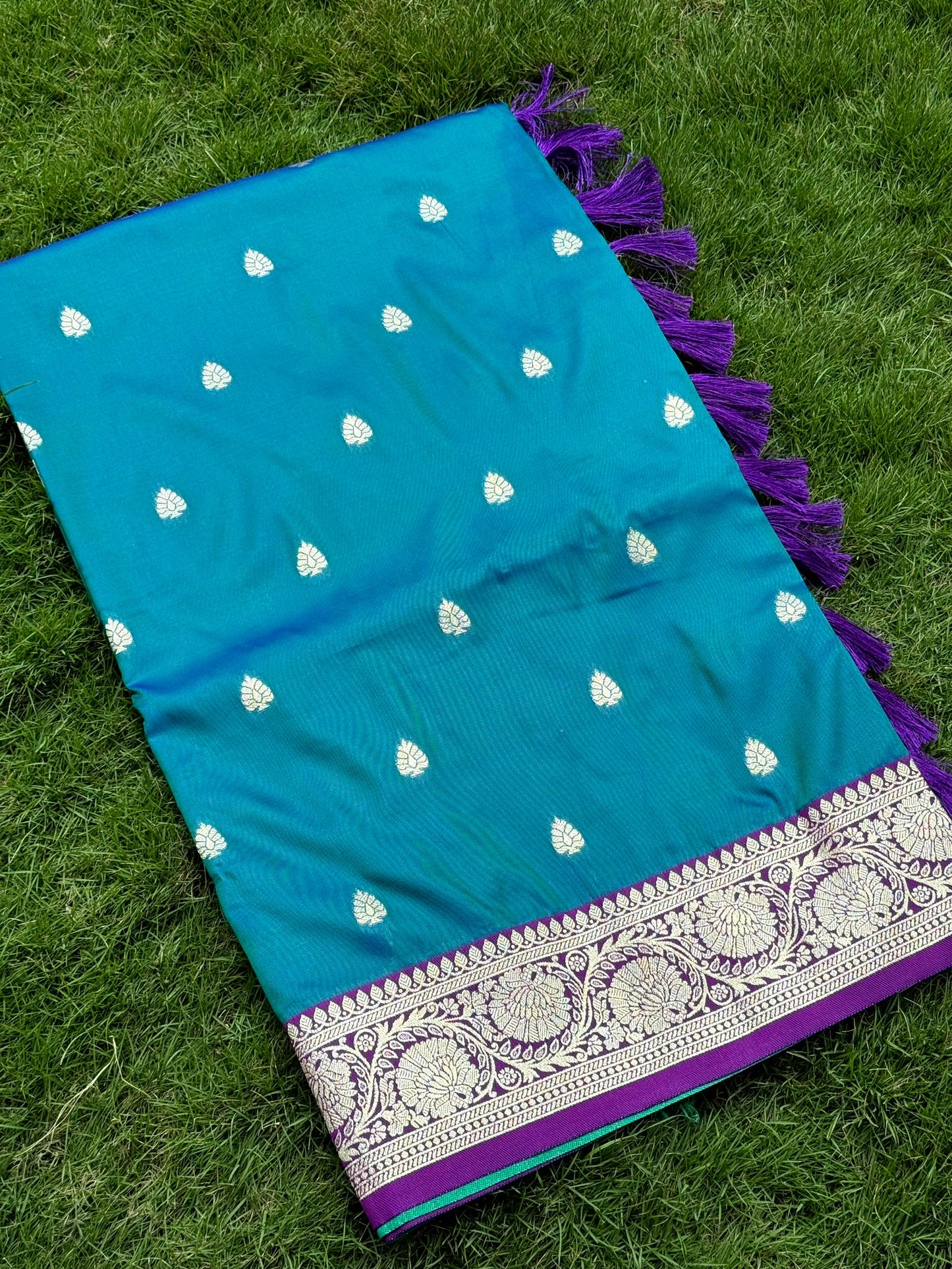 Teal Blue Soft Silk Feather Saree by My Store