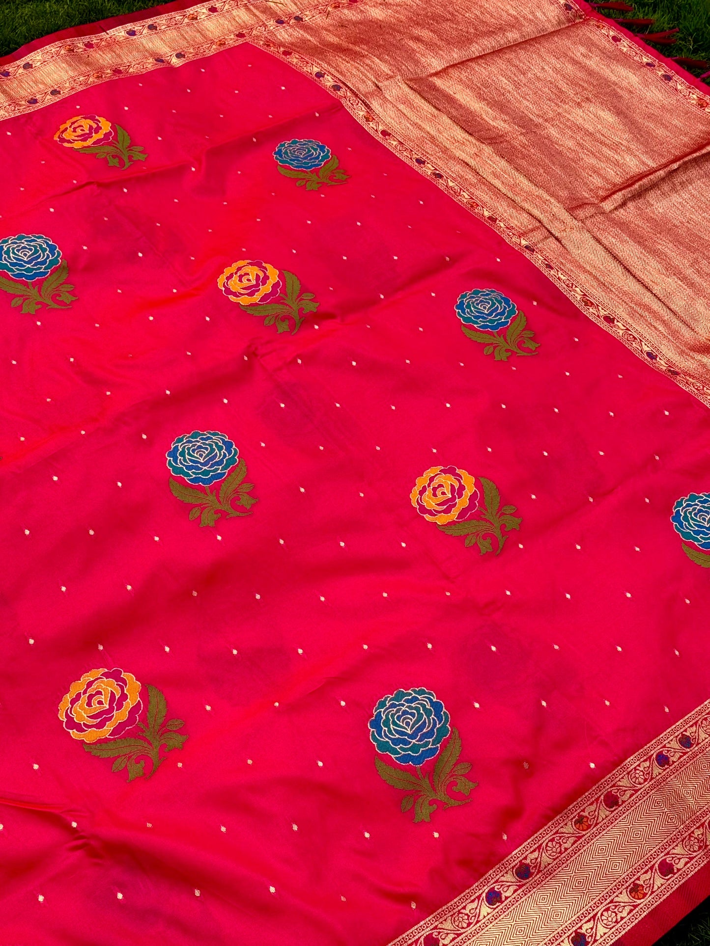 Pink Soft Silk Flowerport Minakari Saree by My Store
