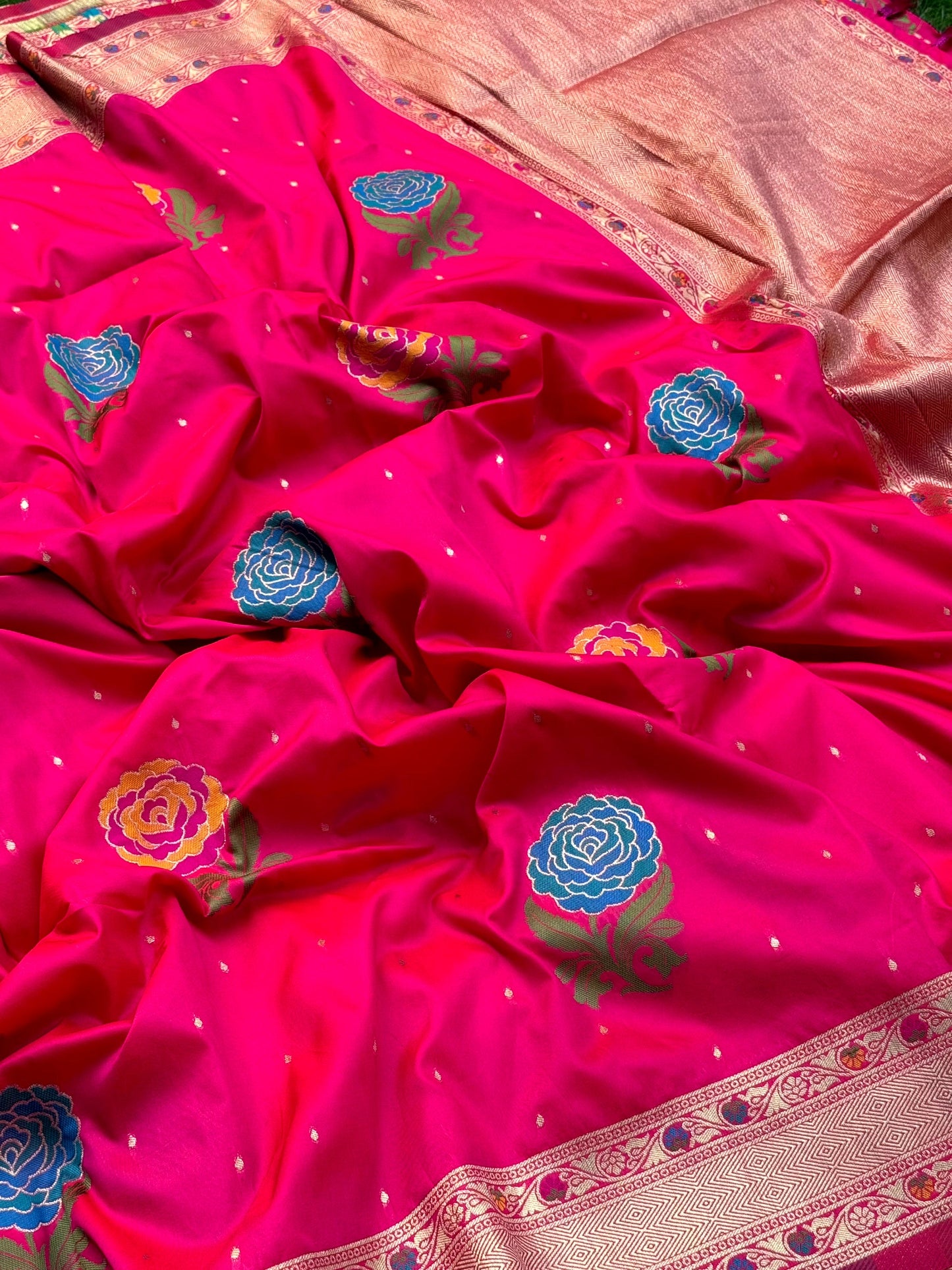 Pink Soft Silk Flowerport Minakari Saree by My Store