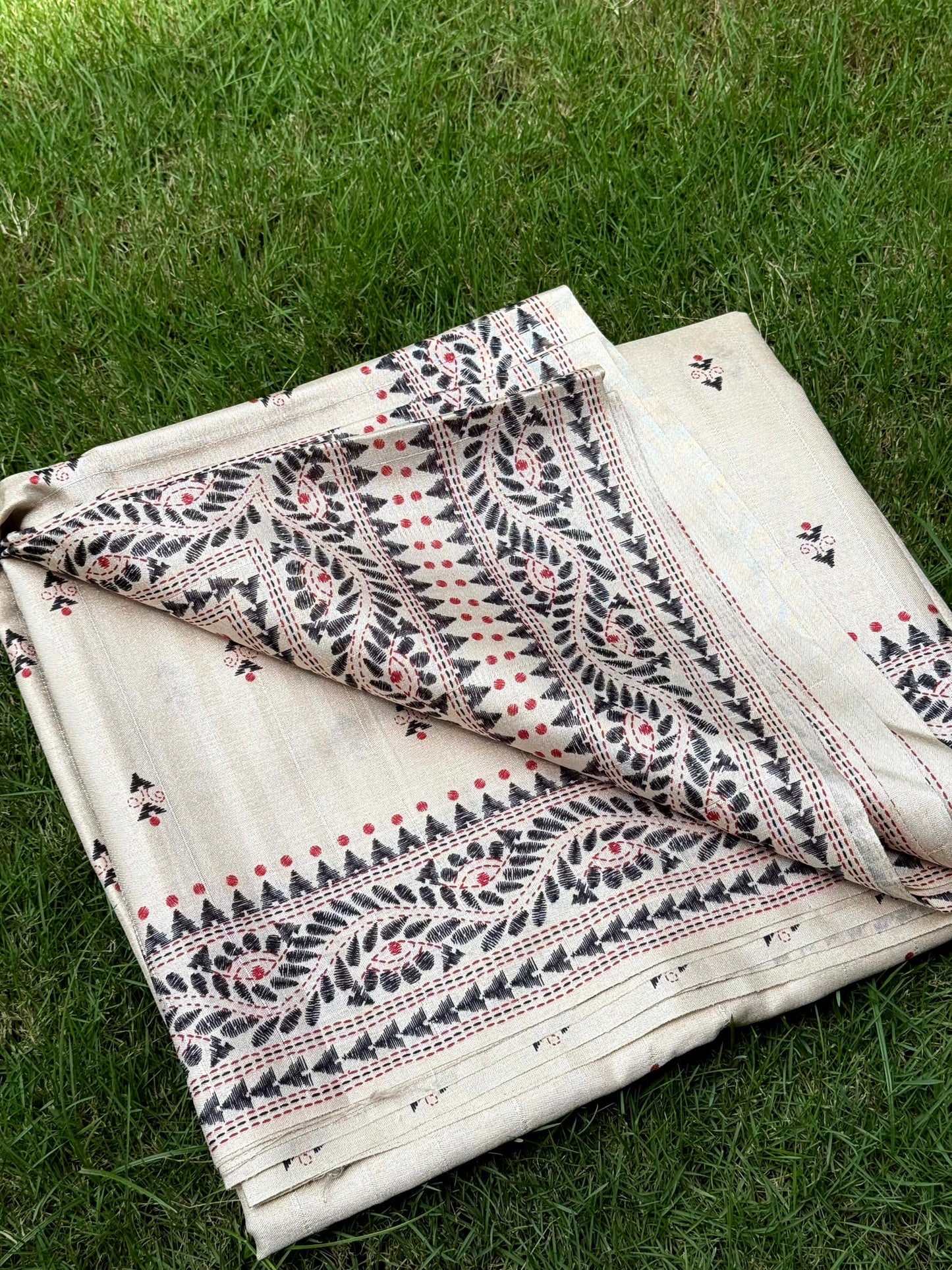 Cream Tussar Silk Madhubani Print Saree by My Store