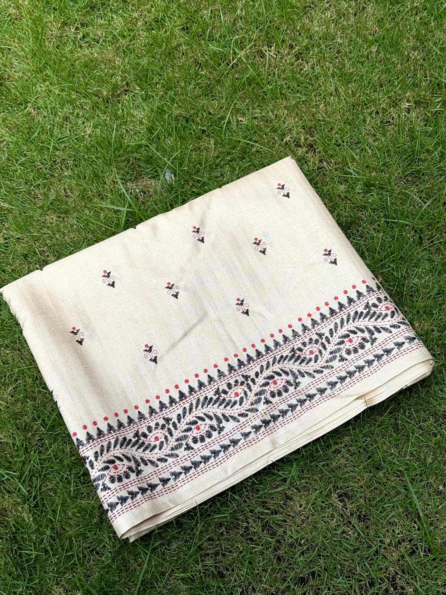 Cream Tussar Silk Madhubani Print Saree by My Store