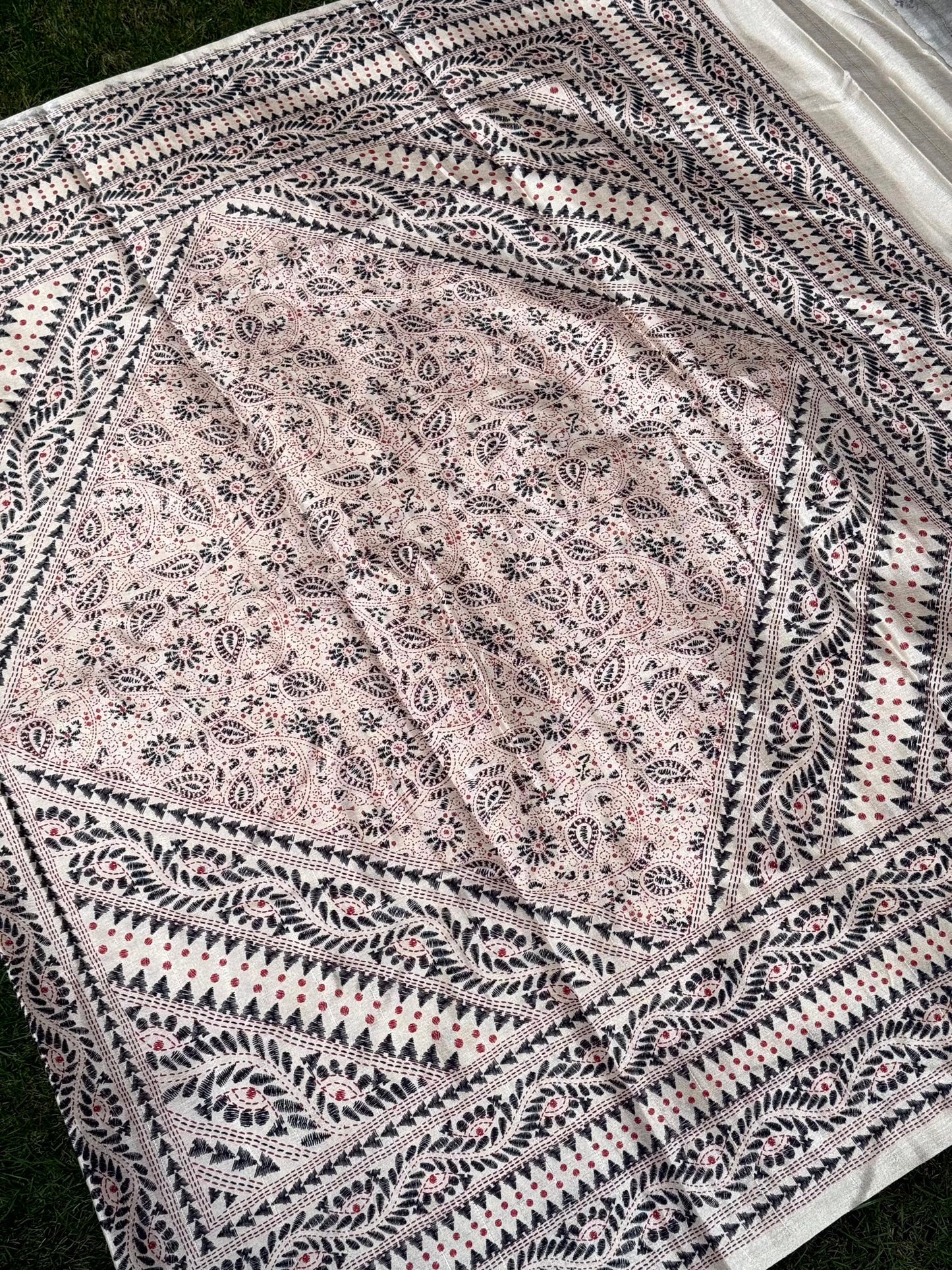 Cream Tussar Silk Madhubani Print Saree by My Store