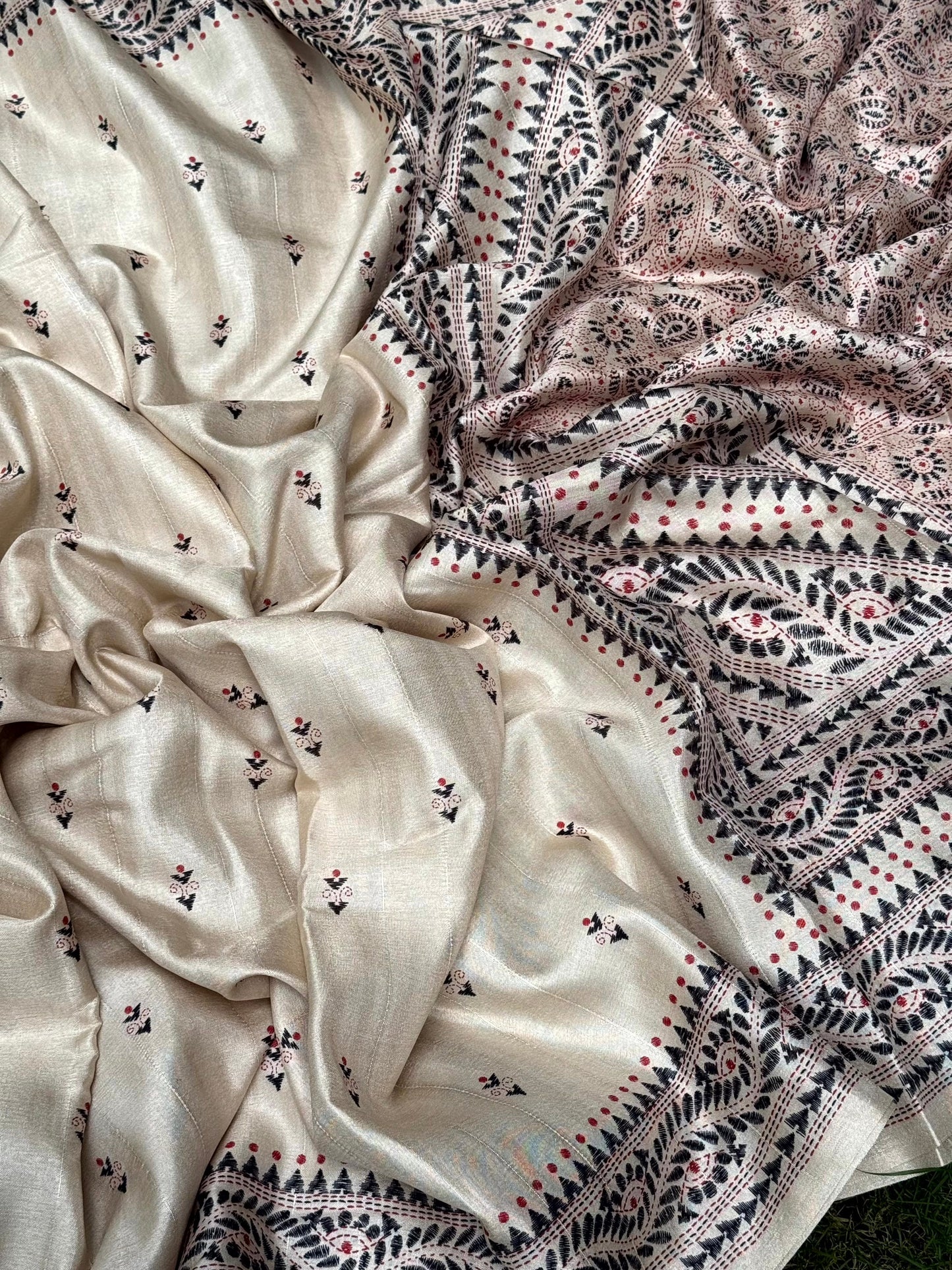 Cream Tussar Silk Madhubani Print Saree by My Store