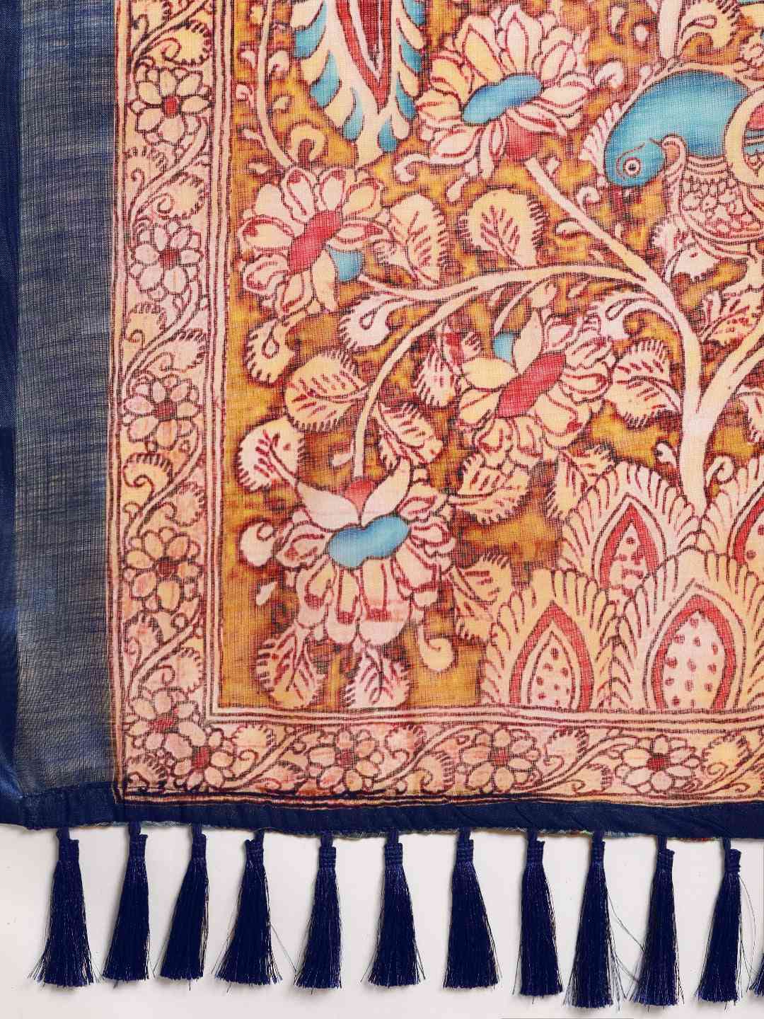 Orange & Blue Linen Blend Printed Ikat Saree by My Store