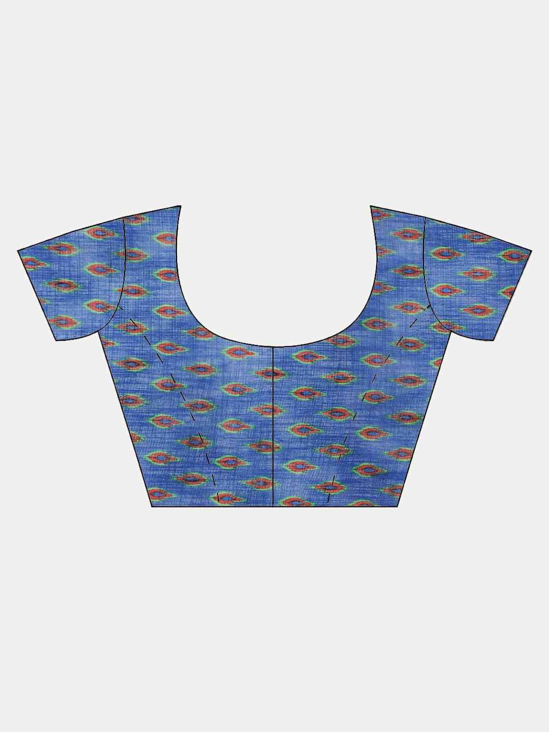 Orange & Blue Linen Blend Printed Ikat Saree by My Store