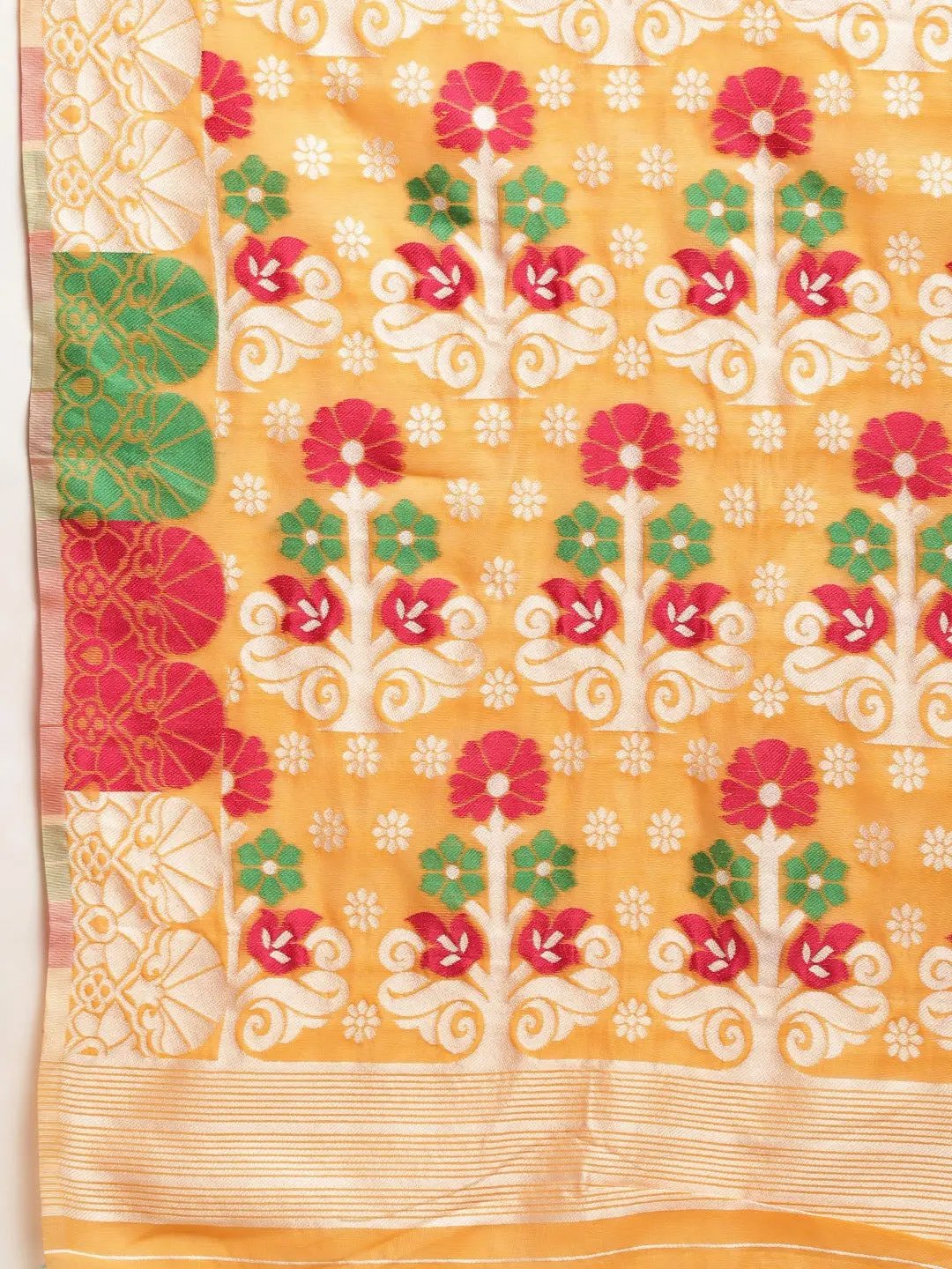 Graceful Yellow Dhakai Jamdani Cotton Silk Saree by My Store