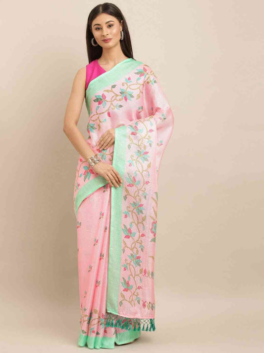 Jamdani Light Pink Colour Floral Print Solid Saree by My Store