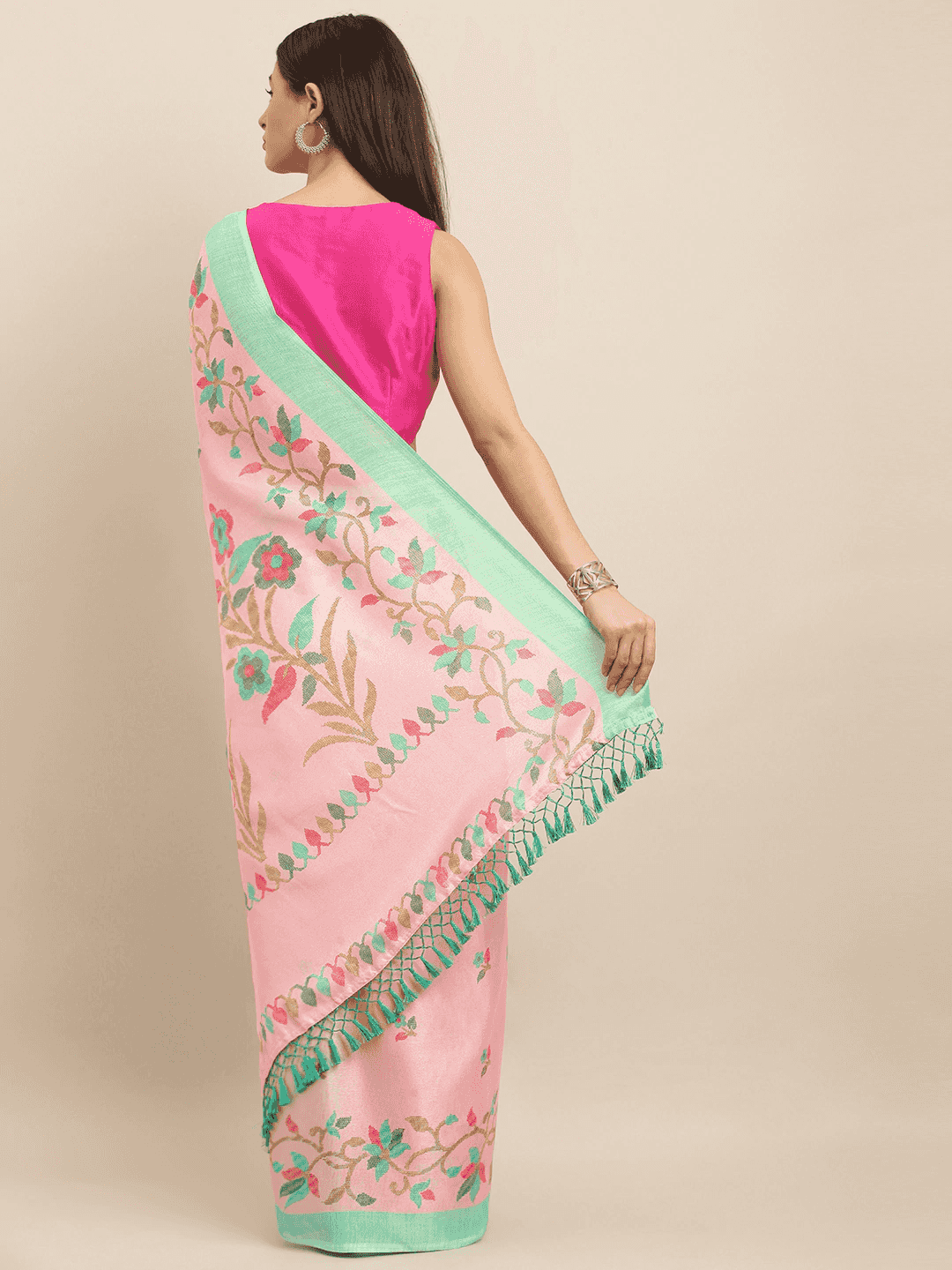 Jamdani Light Pink Colour Floral Print Solid Saree by My Store