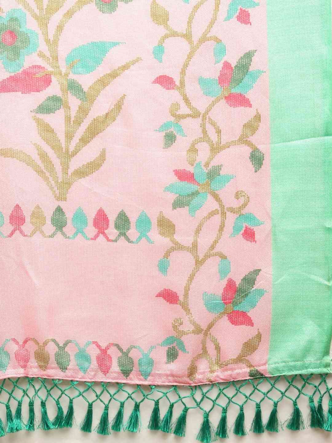 Jamdani Light Pink Colour Floral Print Solid Saree by My Store