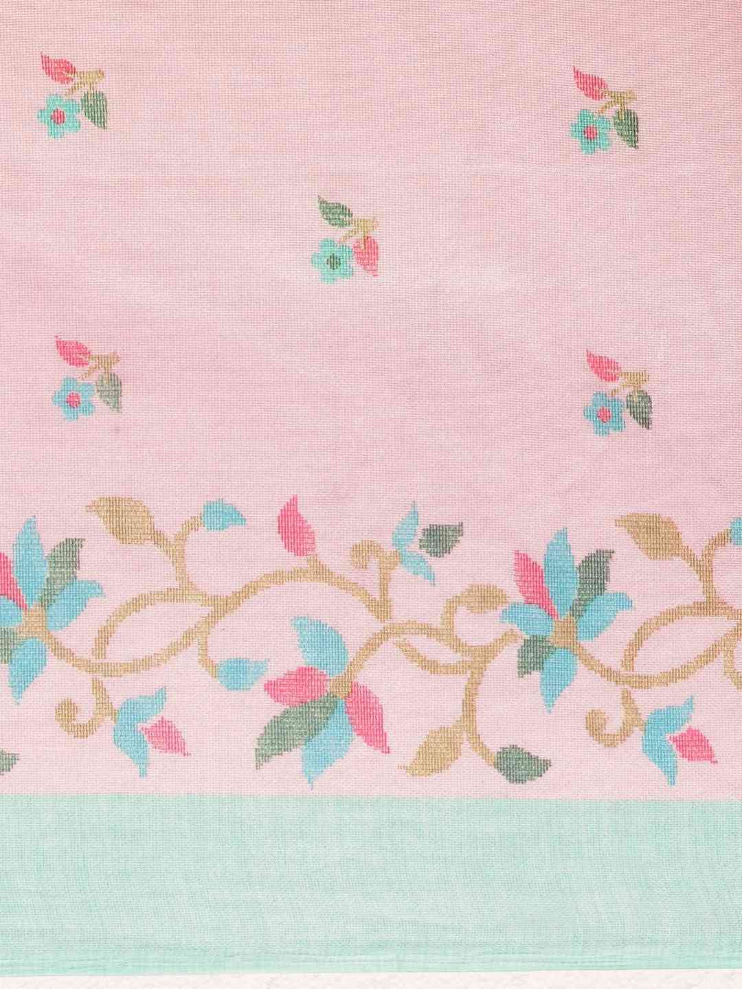 Jamdani Light Pink Colour Floral Print Solid Saree by My Store