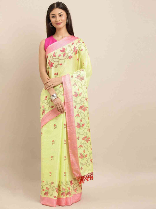 Jamdani Light Green Colour Floral Print Solid Saree by My Store