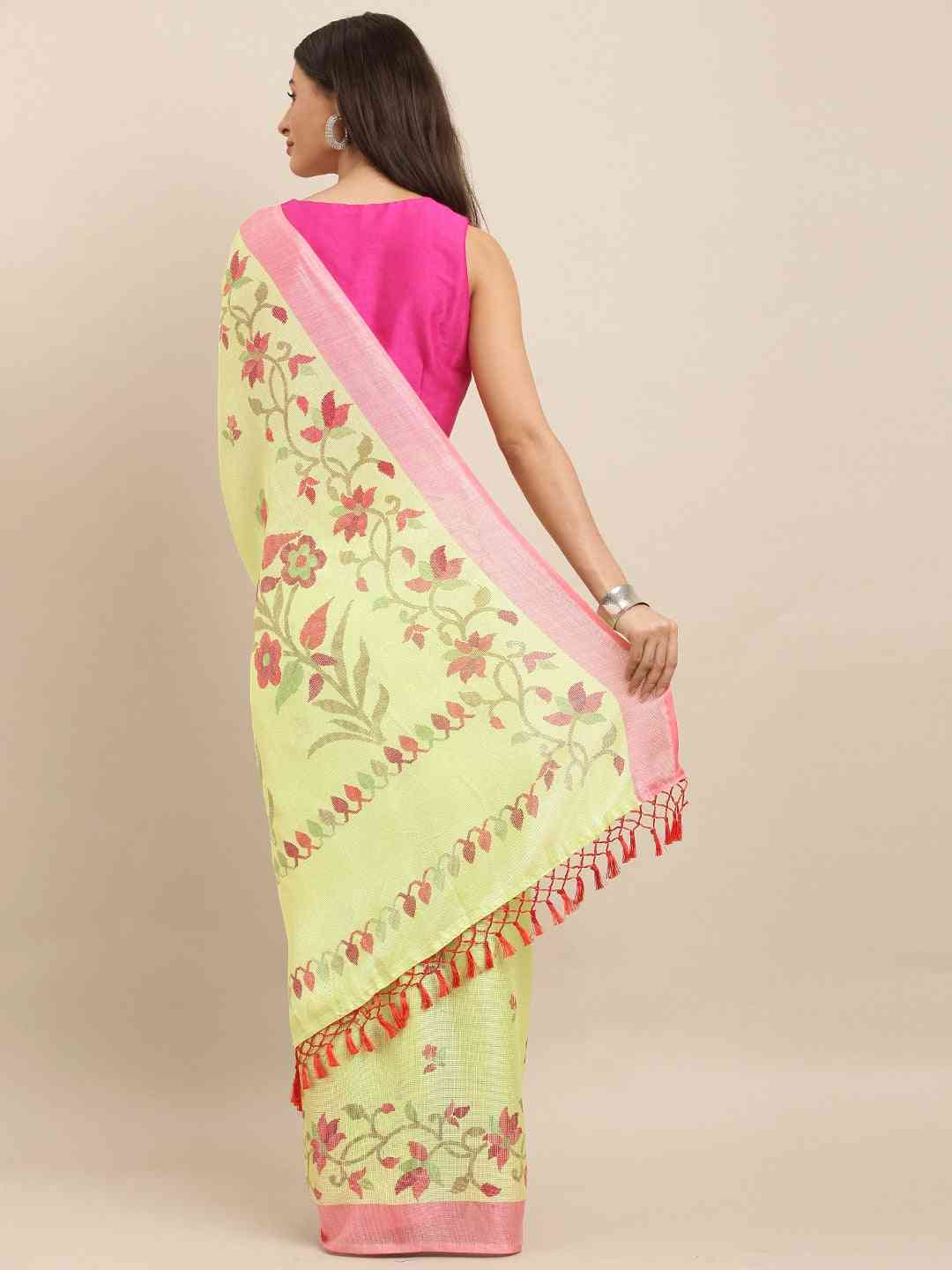 Jamdani Light Green Colour Floral Print Solid Saree by My Store