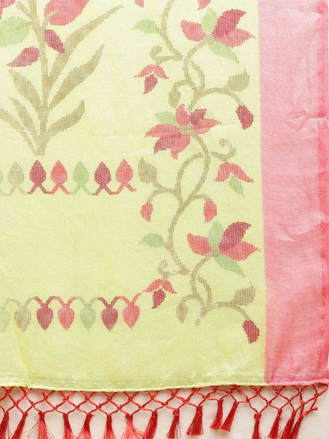 Jamdani Light Green Colour Floral Print Solid Saree by My Store