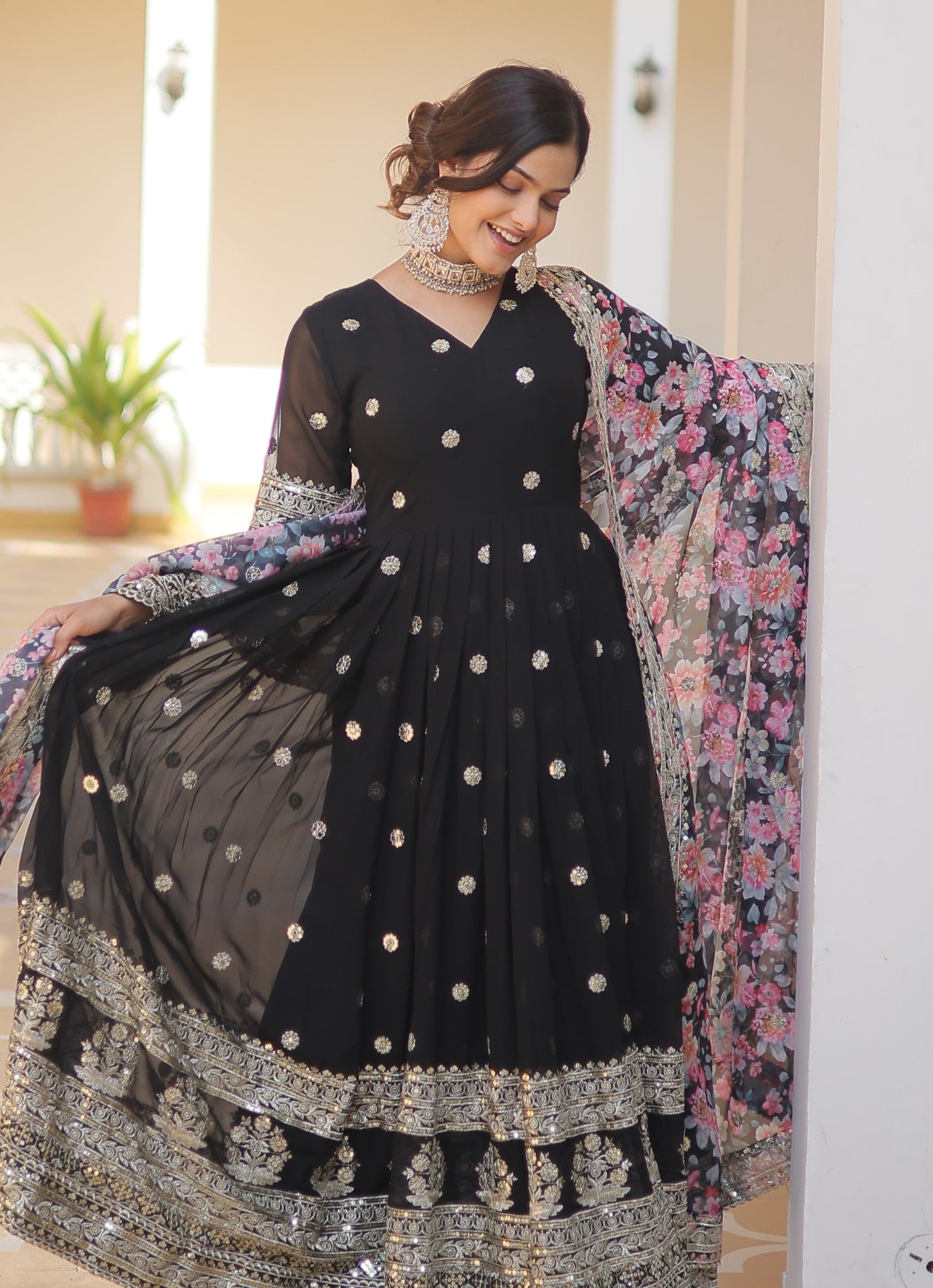 Georgette Embroidered Black Kurta Set