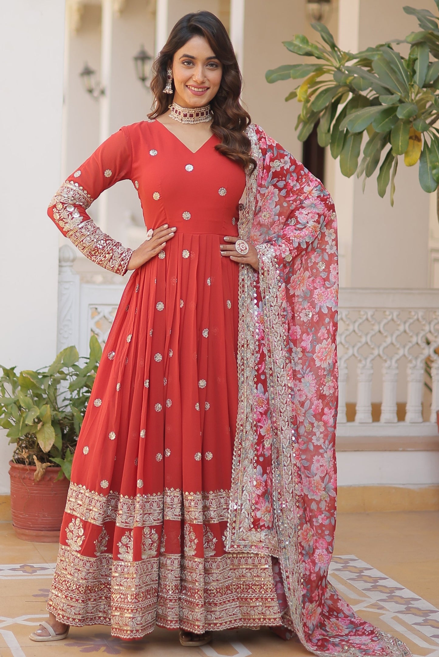 Georgette Embroidered Orange Kurta Set