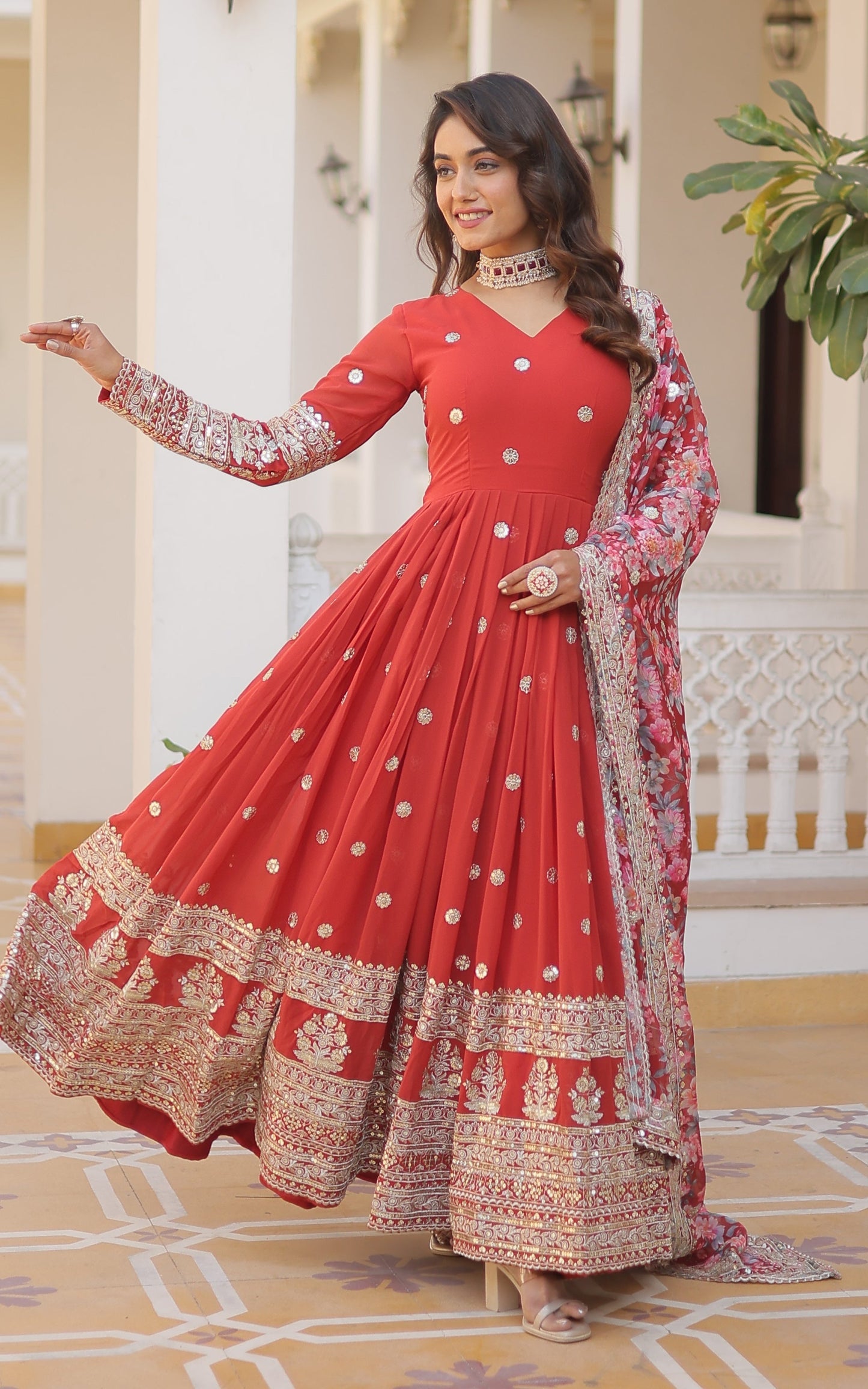 Georgette Embroidered Orange Kurta Set