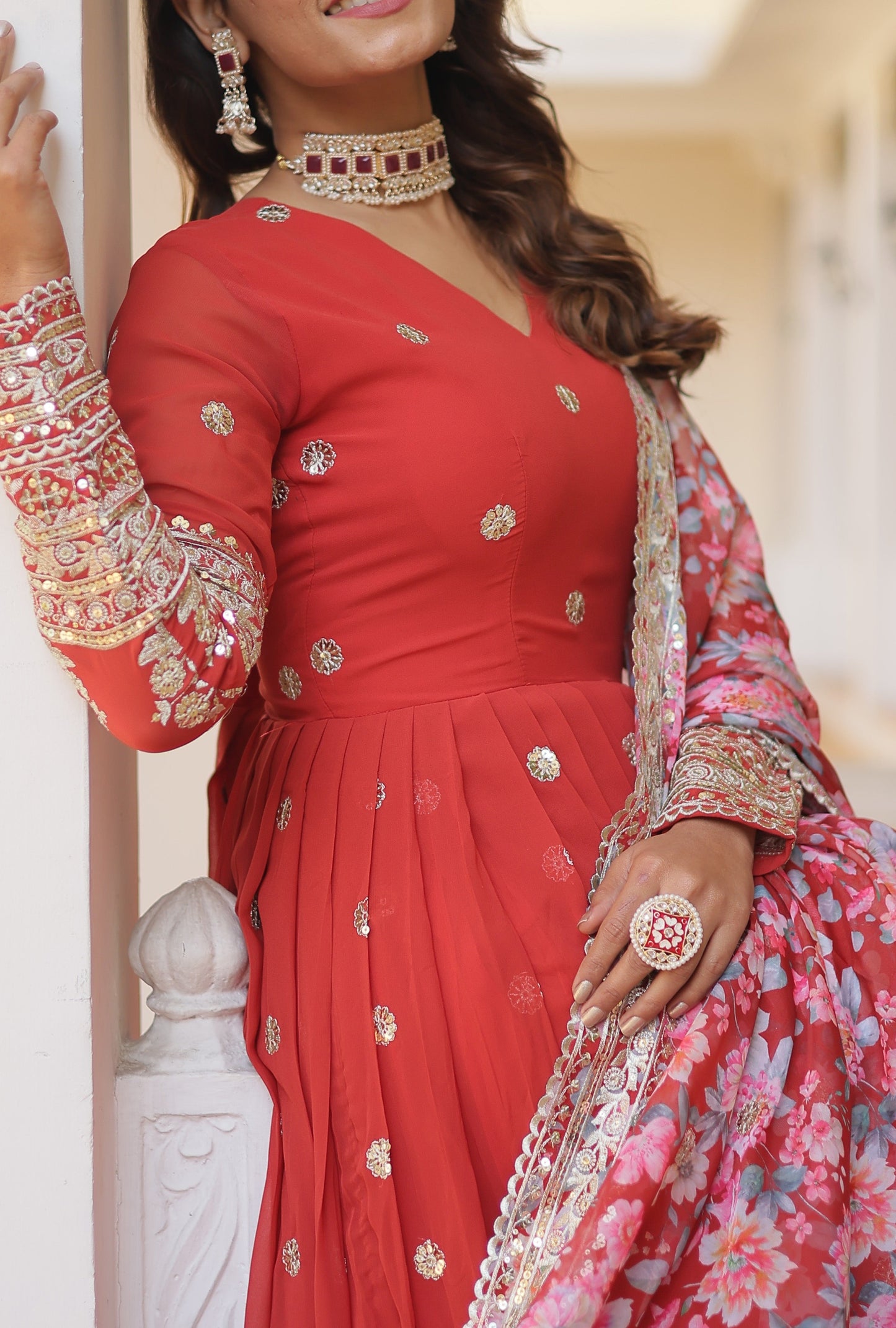 Georgette Embroidered Orange Kurta Set