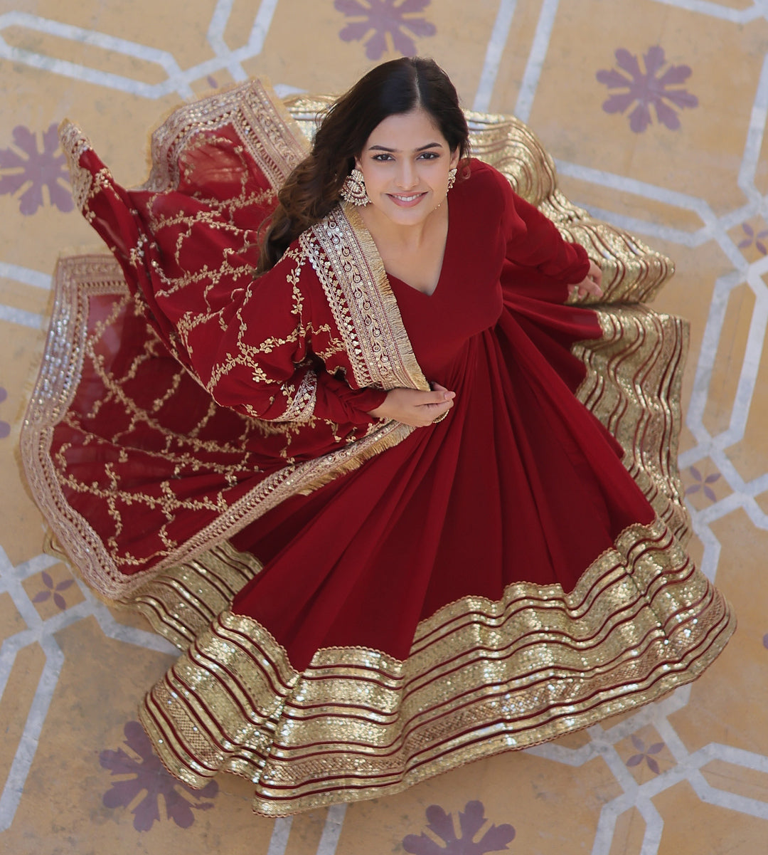 Party Wear Georgette Maroon Gown Set