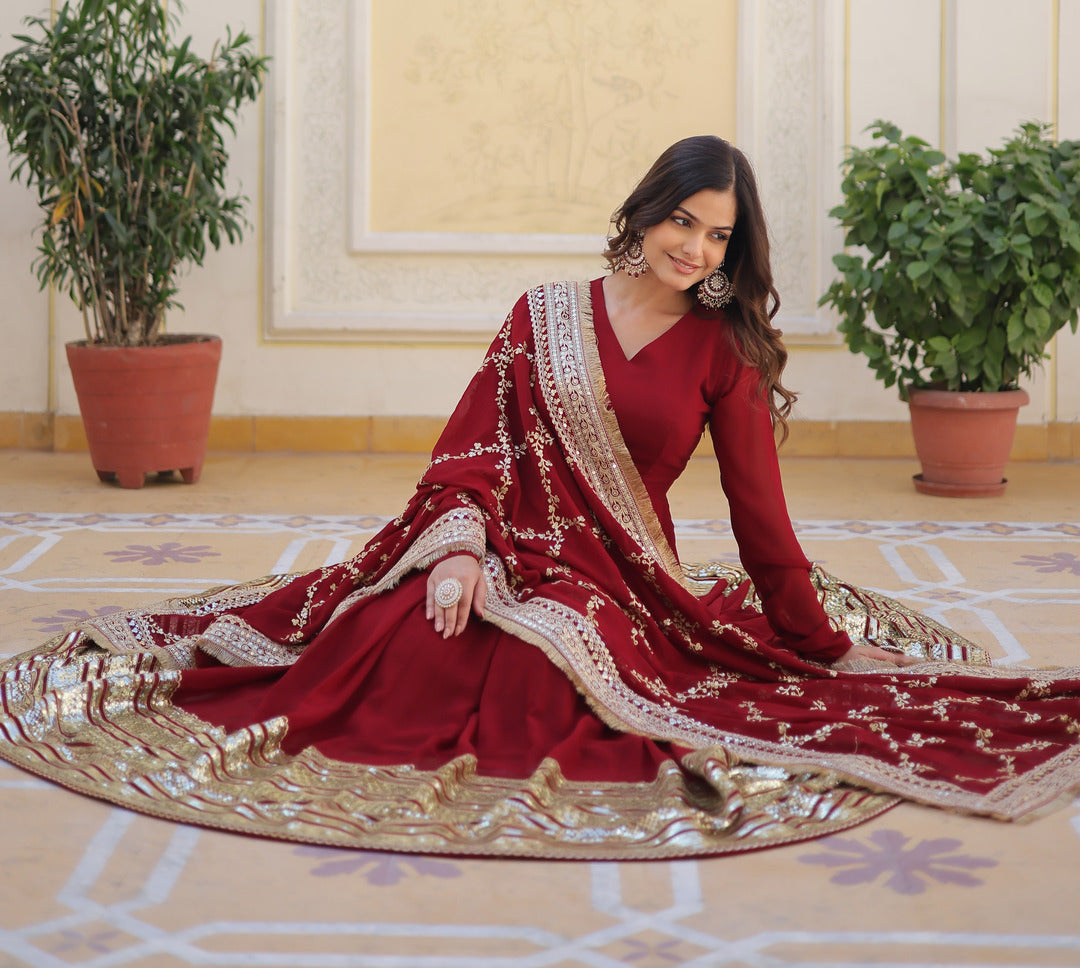 Party Wear Georgette Maroon Gown Set