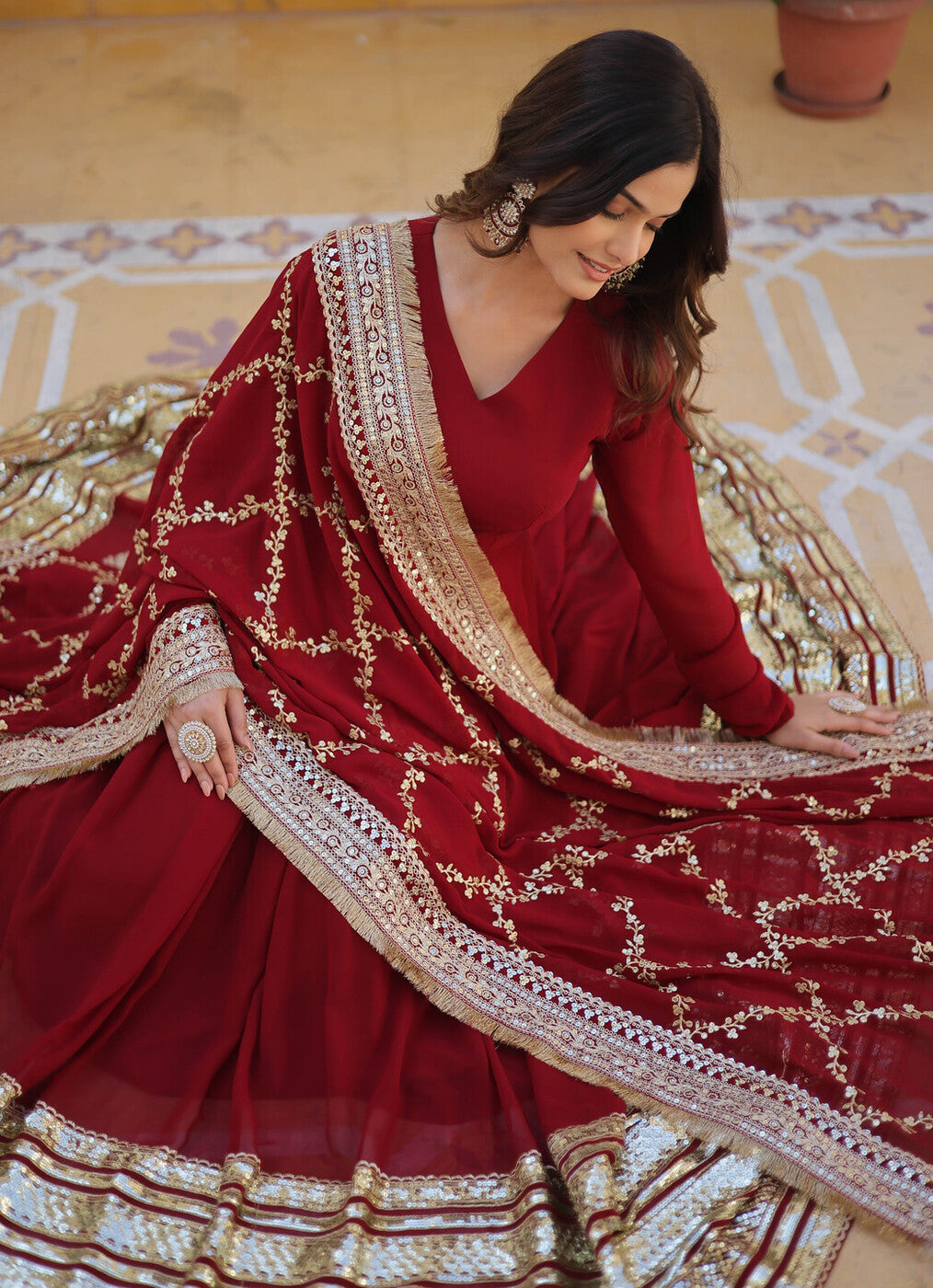 Party Wear Georgette Maroon Gown Set