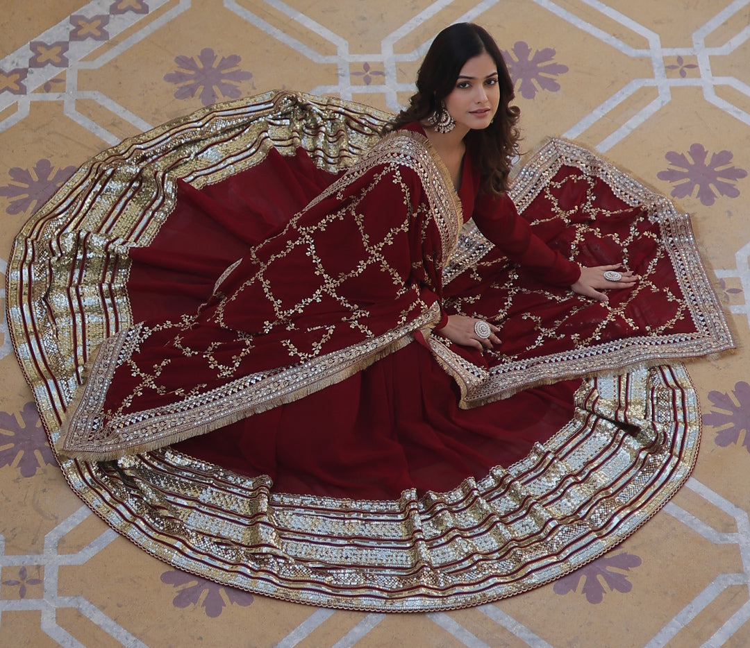 Party Wear Georgette Maroon Gown Set