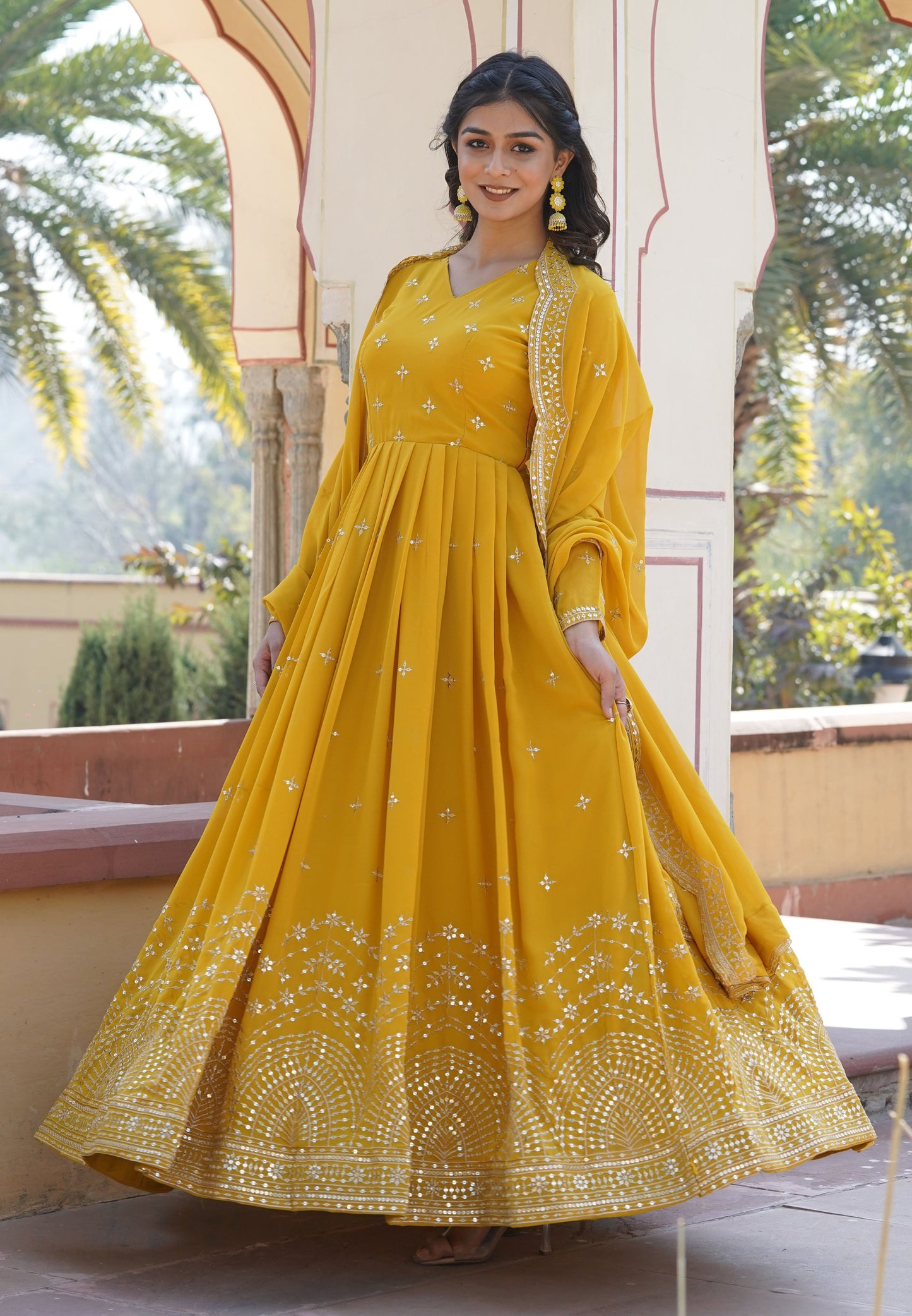 Georgette Sequence Yellow Gown Set