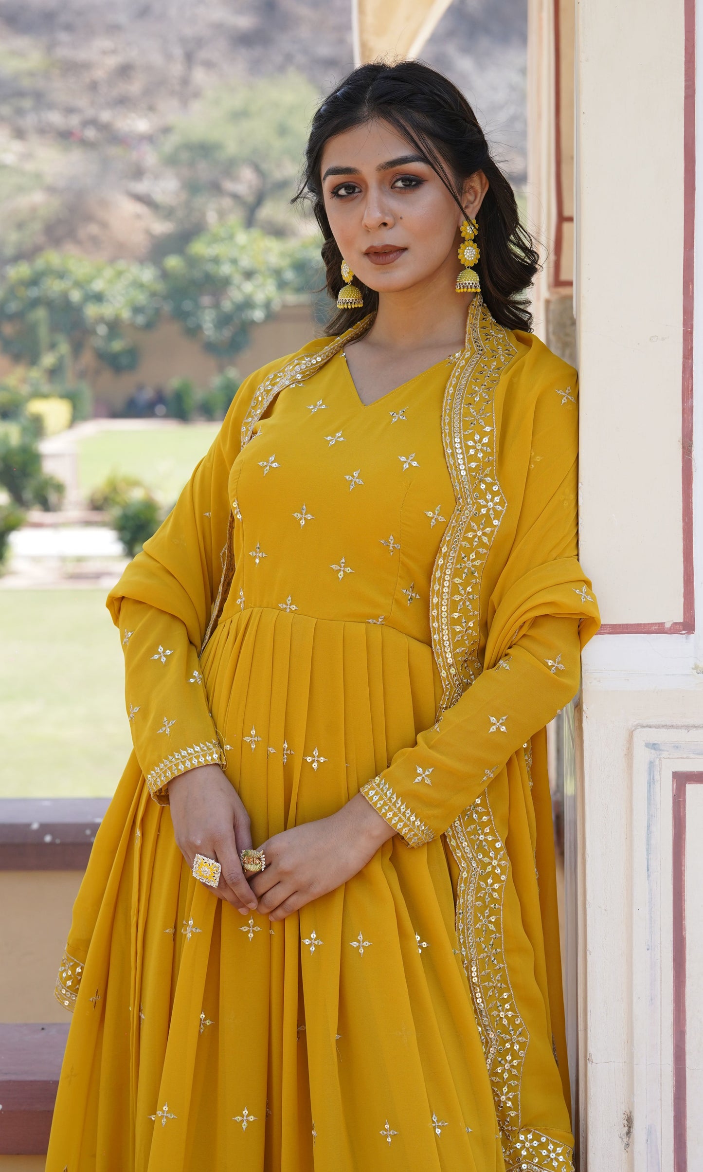Georgette Sequence Yellow Gown Set