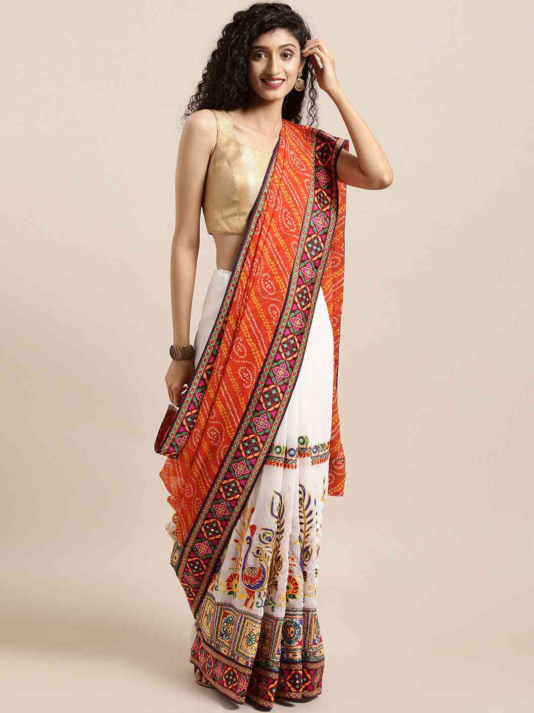 Royal Orange Colour Katchi Embroidery Festive Wear Saree by My Store
