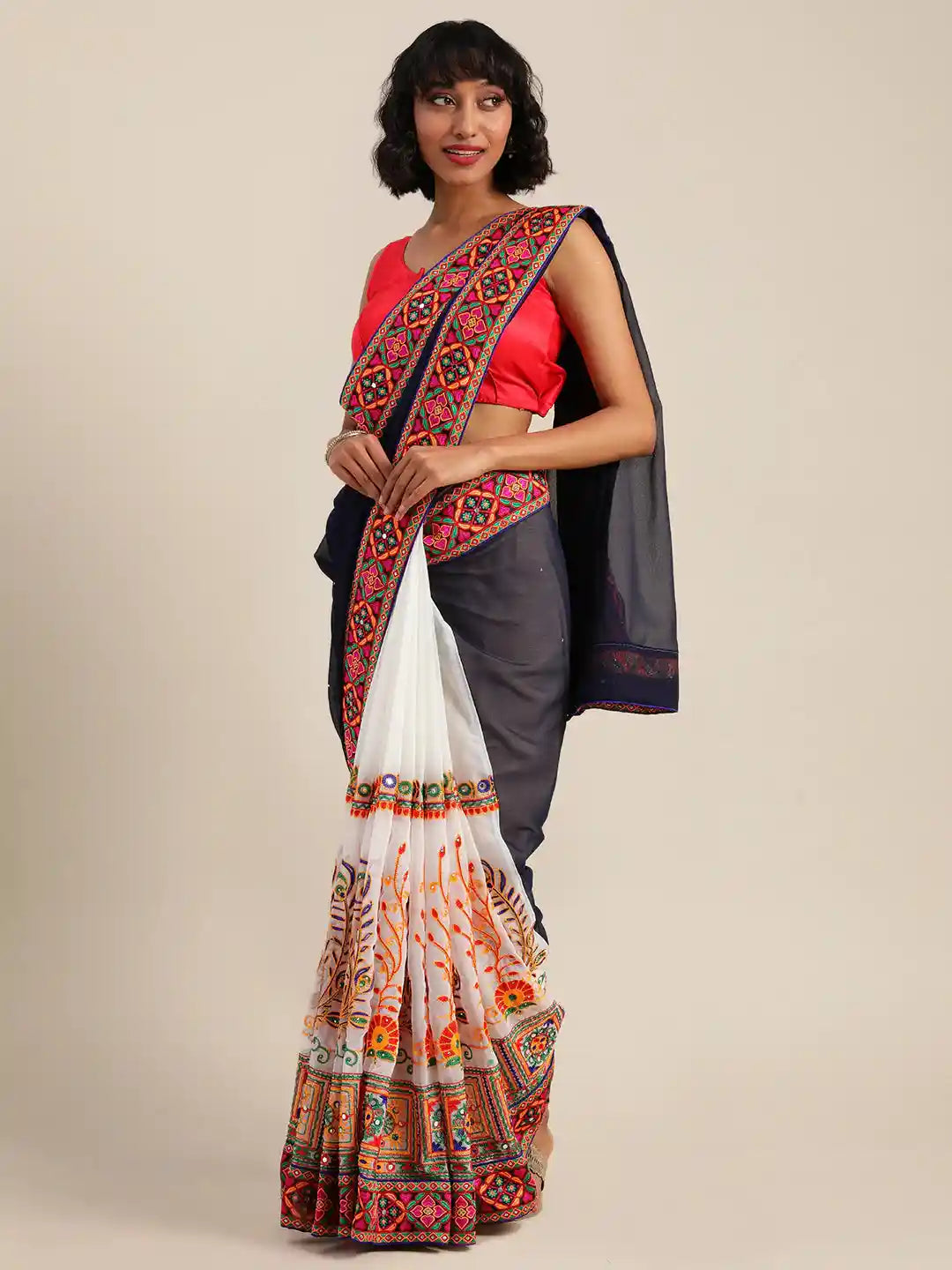 Royal Navy Colour Festive Wear Poly Georgette Saree by My Store