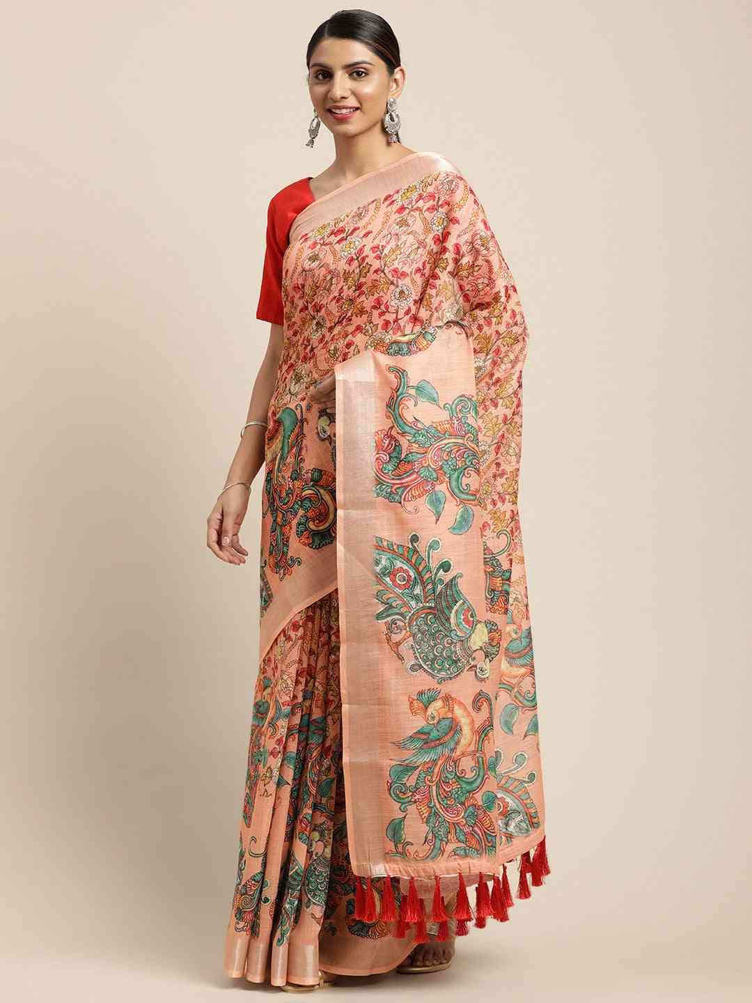 Beautiful Orange Colour Digital Print Kalamakri Design Soft Linen Saree