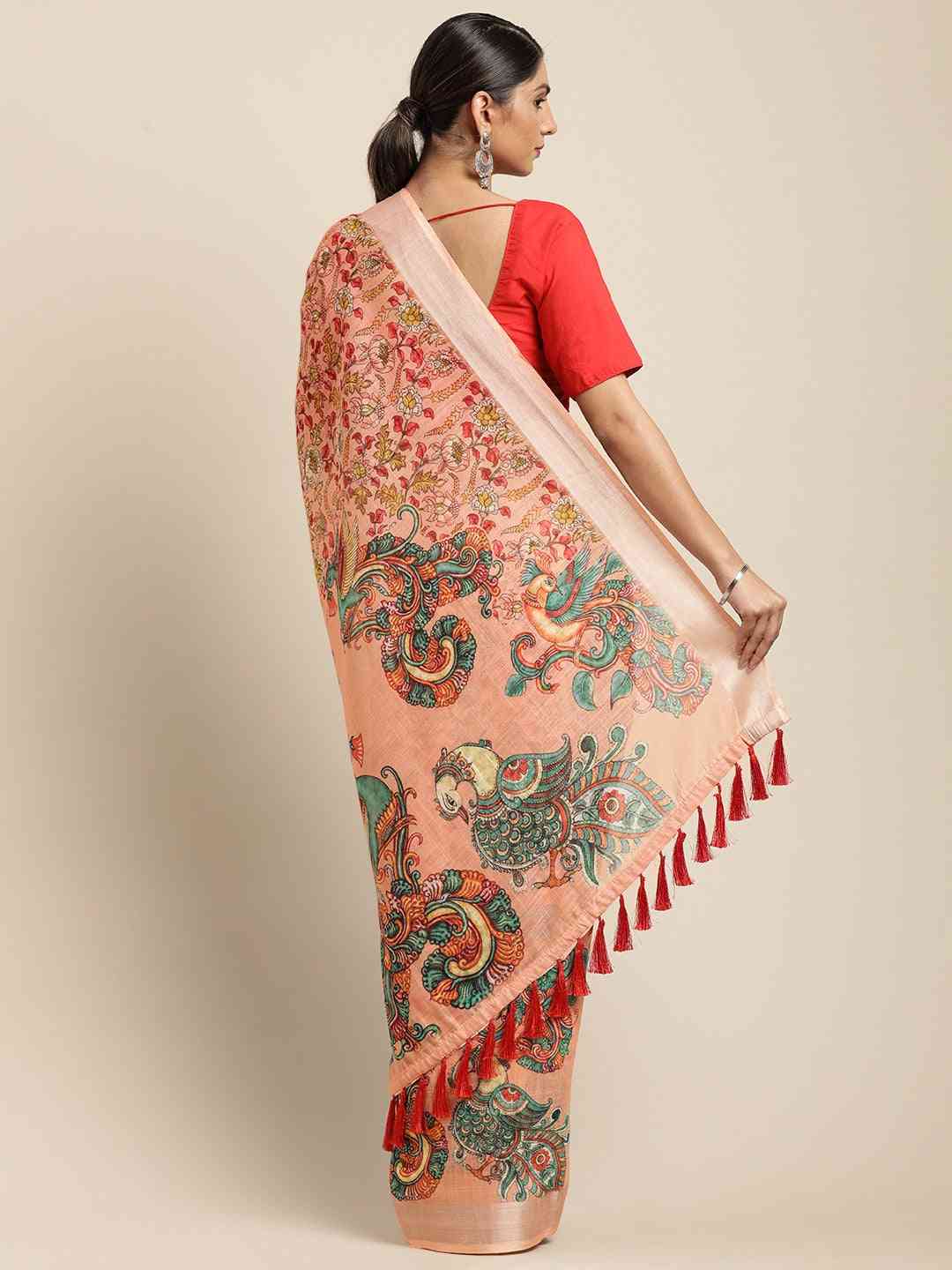 Beautiful Orange Colour Digital Print Kalamakri Design Soft Linen Saree