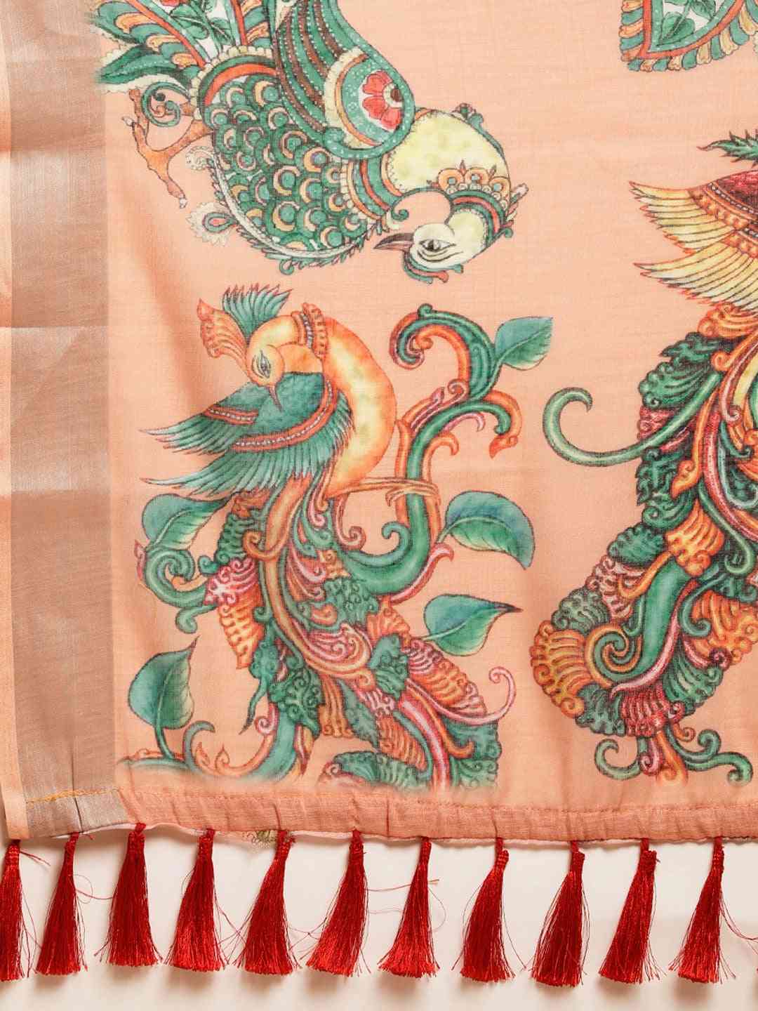 Beautiful Orange Colour Digital Print Kalamakri Design Soft Linen Saree
