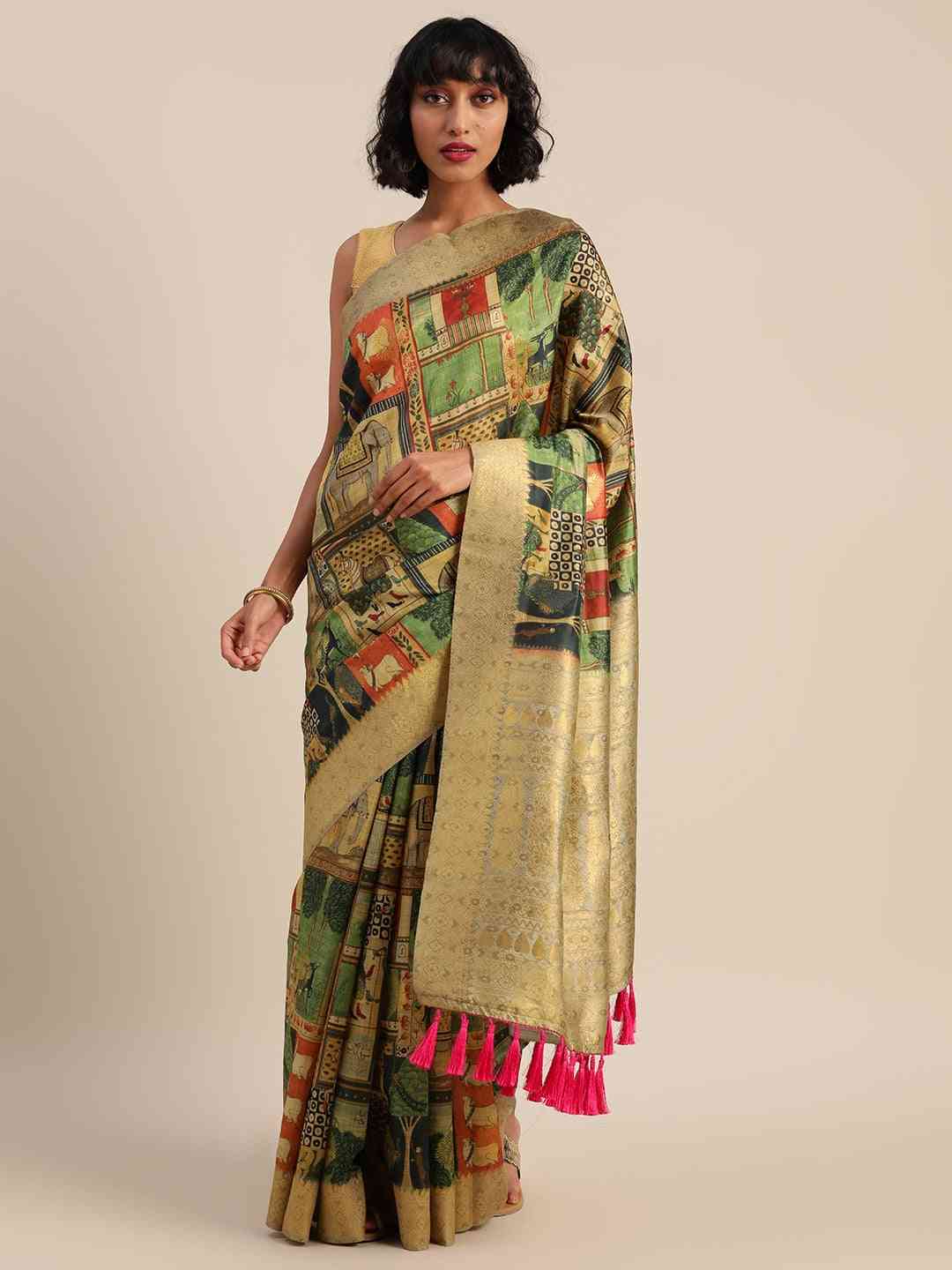 Kalamkari Printed Green Colour Festive Saree With Zari Border by My Store