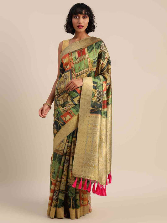 Kalamkari Printed Green Colour Festive Saree With Zari Border by My Store