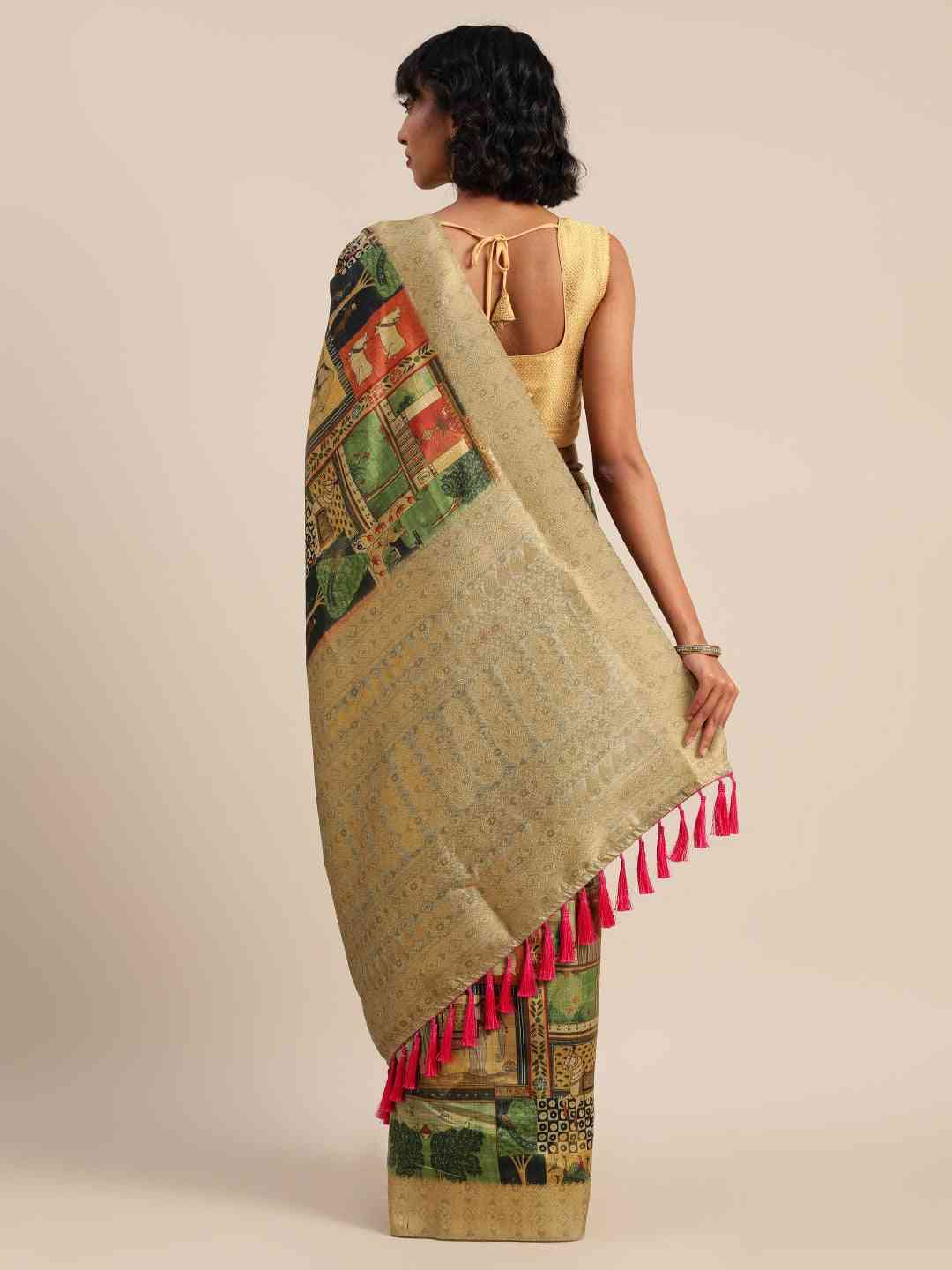 Kalamkari Printed Green Colour Festive Saree With Zari Border by My Store