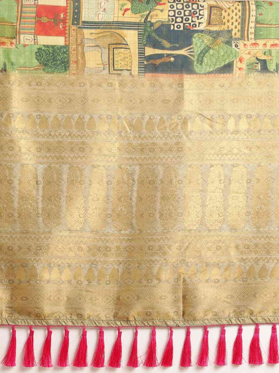 Kalamkari Printed Green Colour Festive Saree With Zari Border by My Store