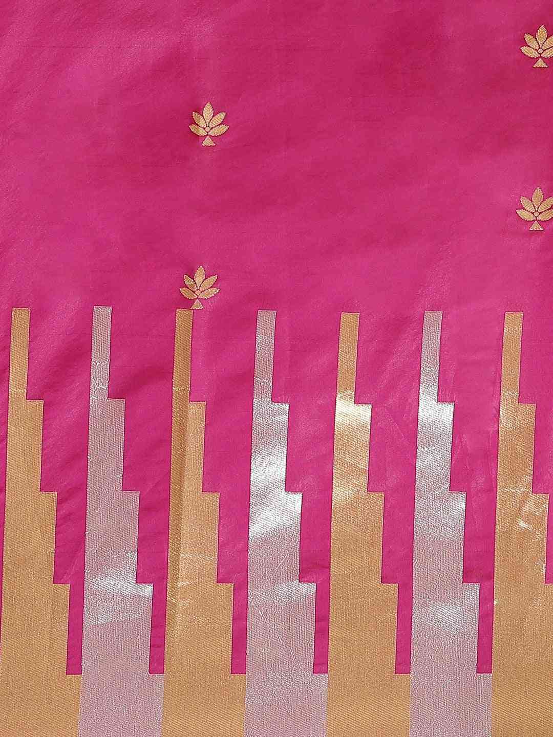 Stylish Rani Colour Ethnic Motifs And Zari Silk Banarasi Saree by My Store