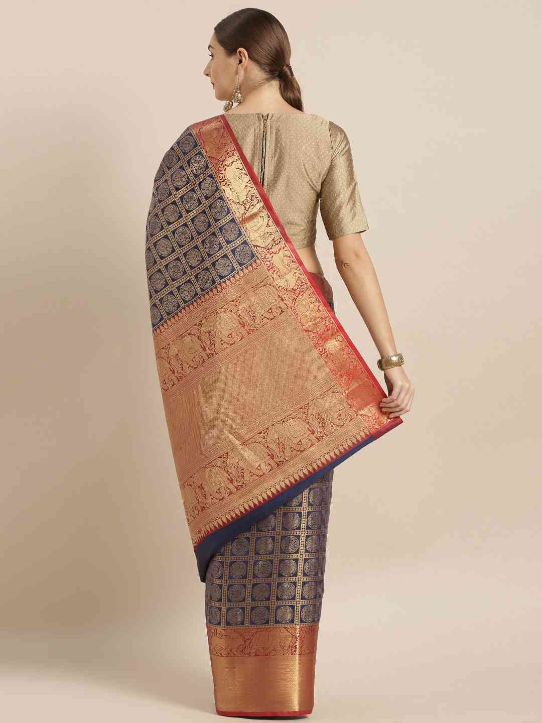 Geometric Print Navy Colour Kanjivaram Silk Saree by My Store