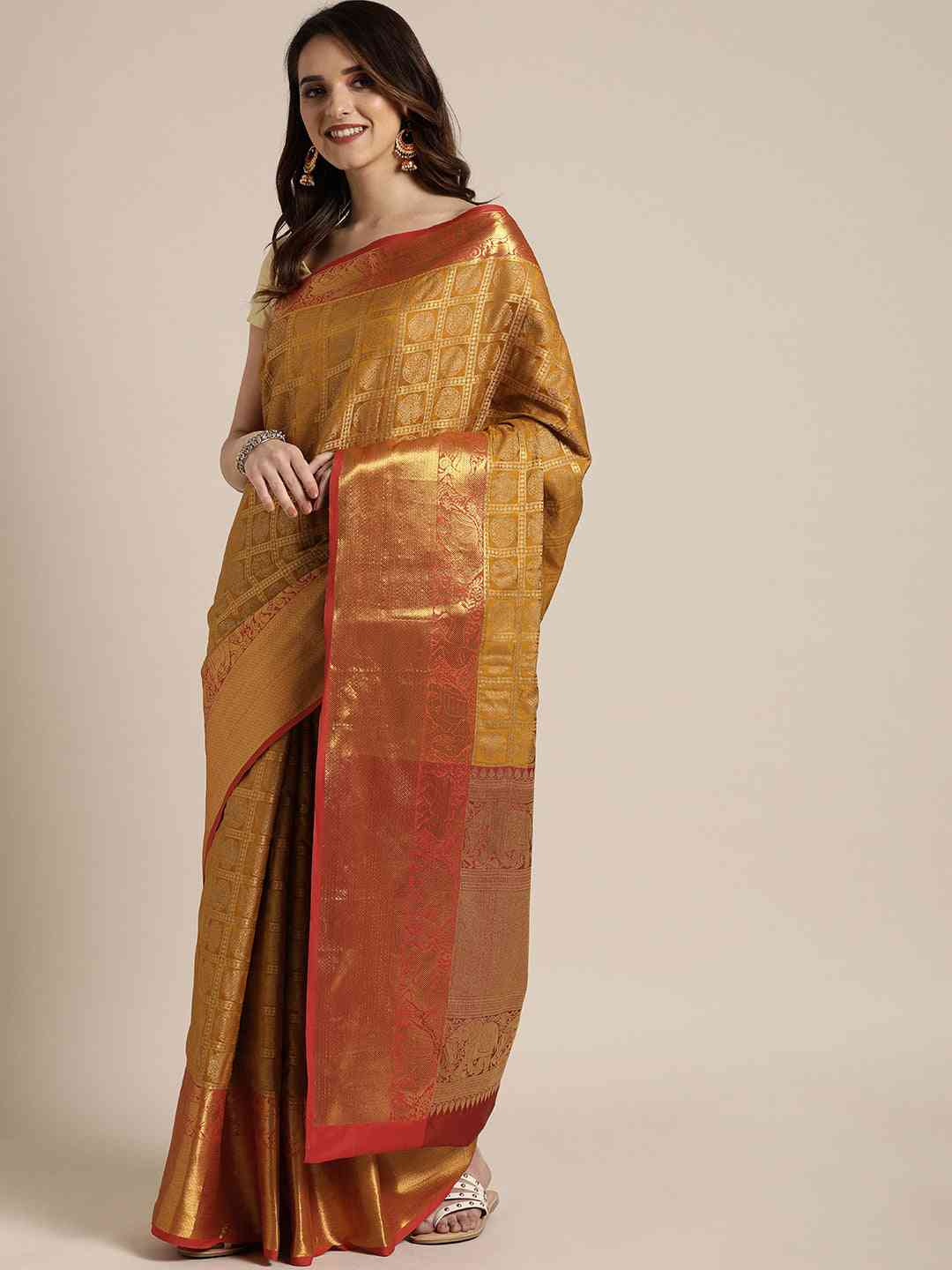 Geometric Print Gold Colour Kanjivaram Silk Saree by My Store