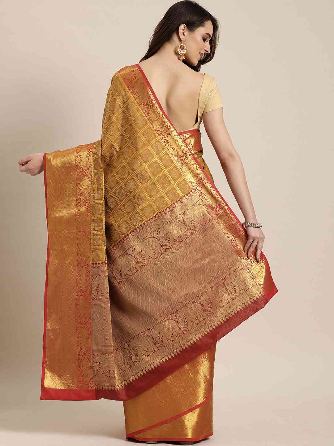Geometric Print Gold Colour Kanjivaram Silk Saree by My Store